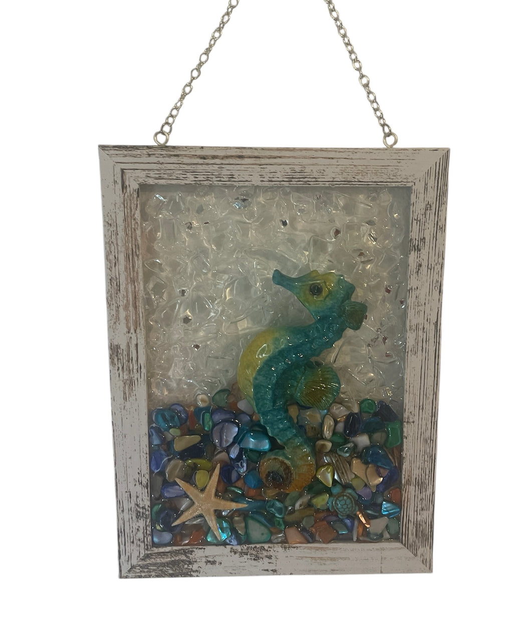 Colorful Seahorse Crushed Glass Art - Shells & Starfish (5" x 7")