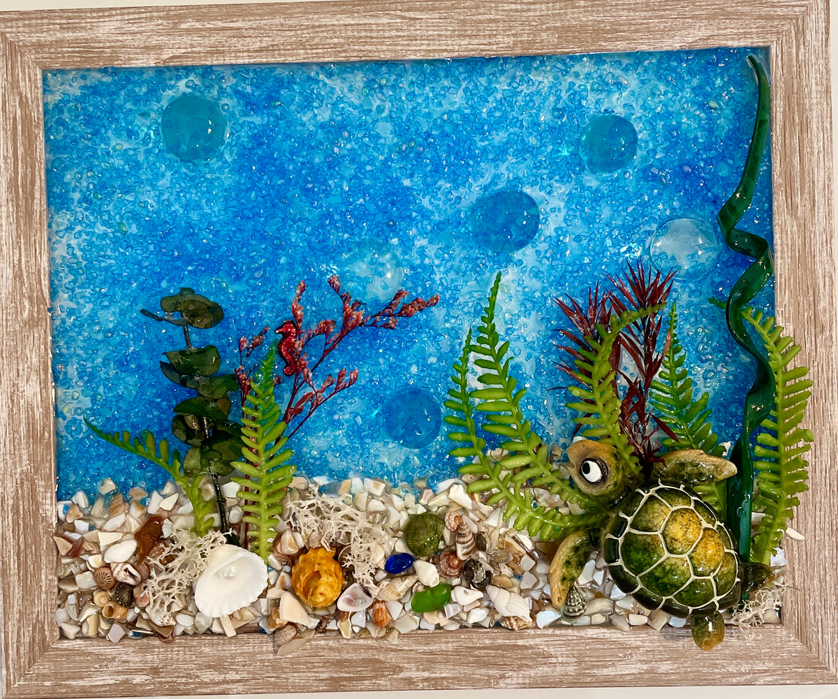 Sea Turtle Under the Sea - 8" x 10" Crushed Glass Picture | Beach Vibe