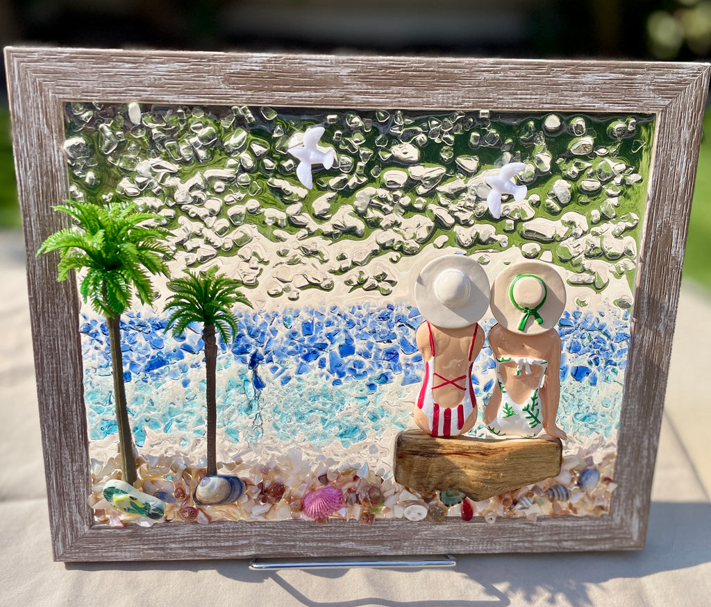 Two Beach Babes on Driftwood Log with Palm Trees- 8" x 10" | Beach Vibe