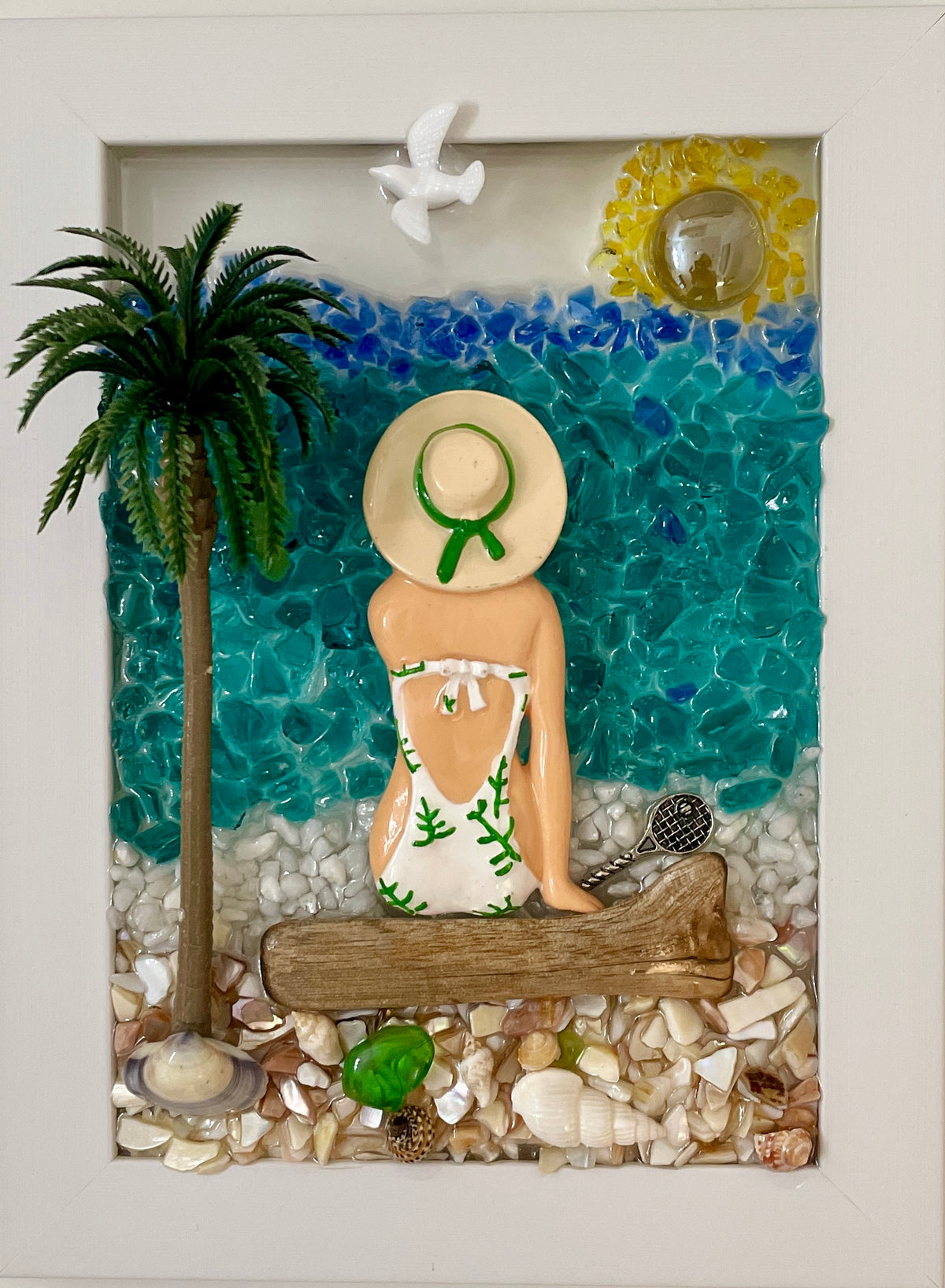 Beach Babe w/pickle ball paddle - 5" x 7" Crushed Glass Coastal Art | Beach Vibe #1037