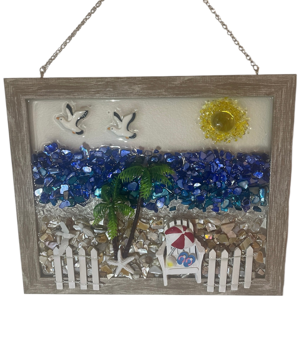 Beach Chair Paradise Crushed Glass Art - Palm Trees & Seagulls (8" x 10")