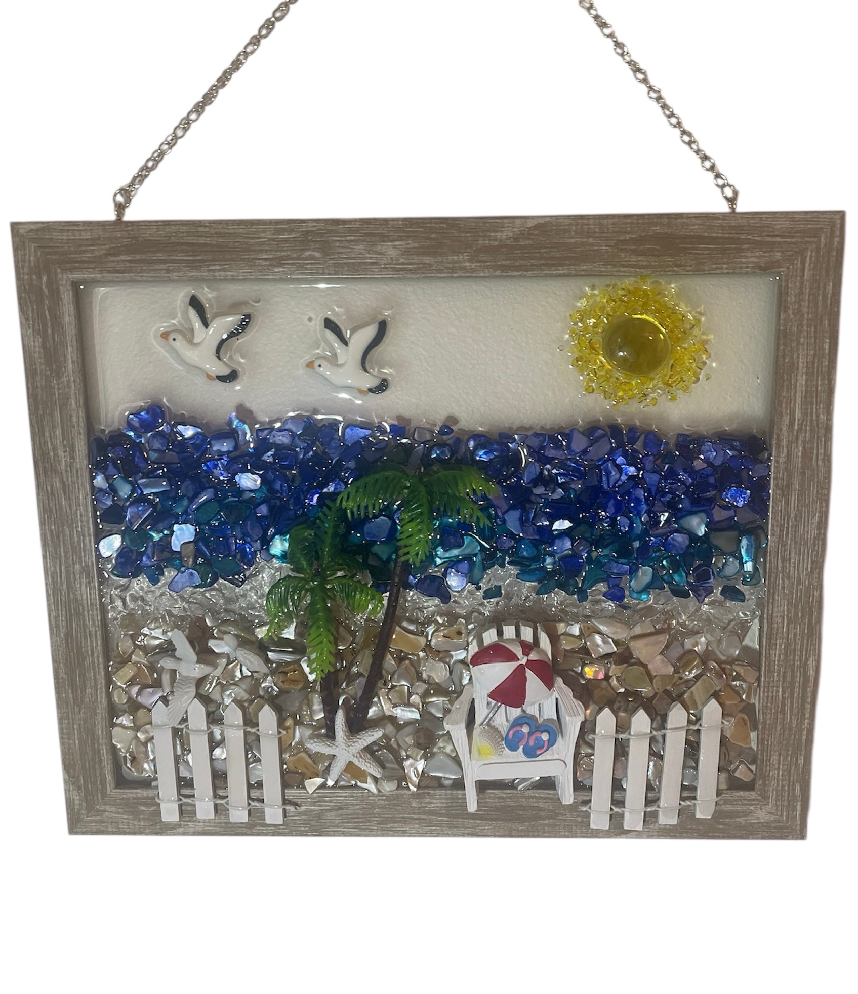 Beach Chair Paradise Crushed Glass Art - Palm Trees & Seagulls (8" x 10")