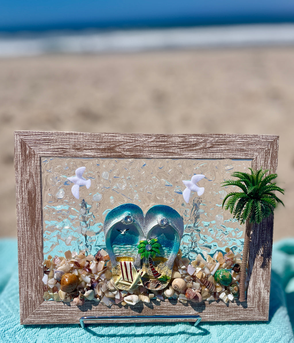Beach Sandals with Palm Tree and Seagulls - 5" x 7" | Beach Vibe
