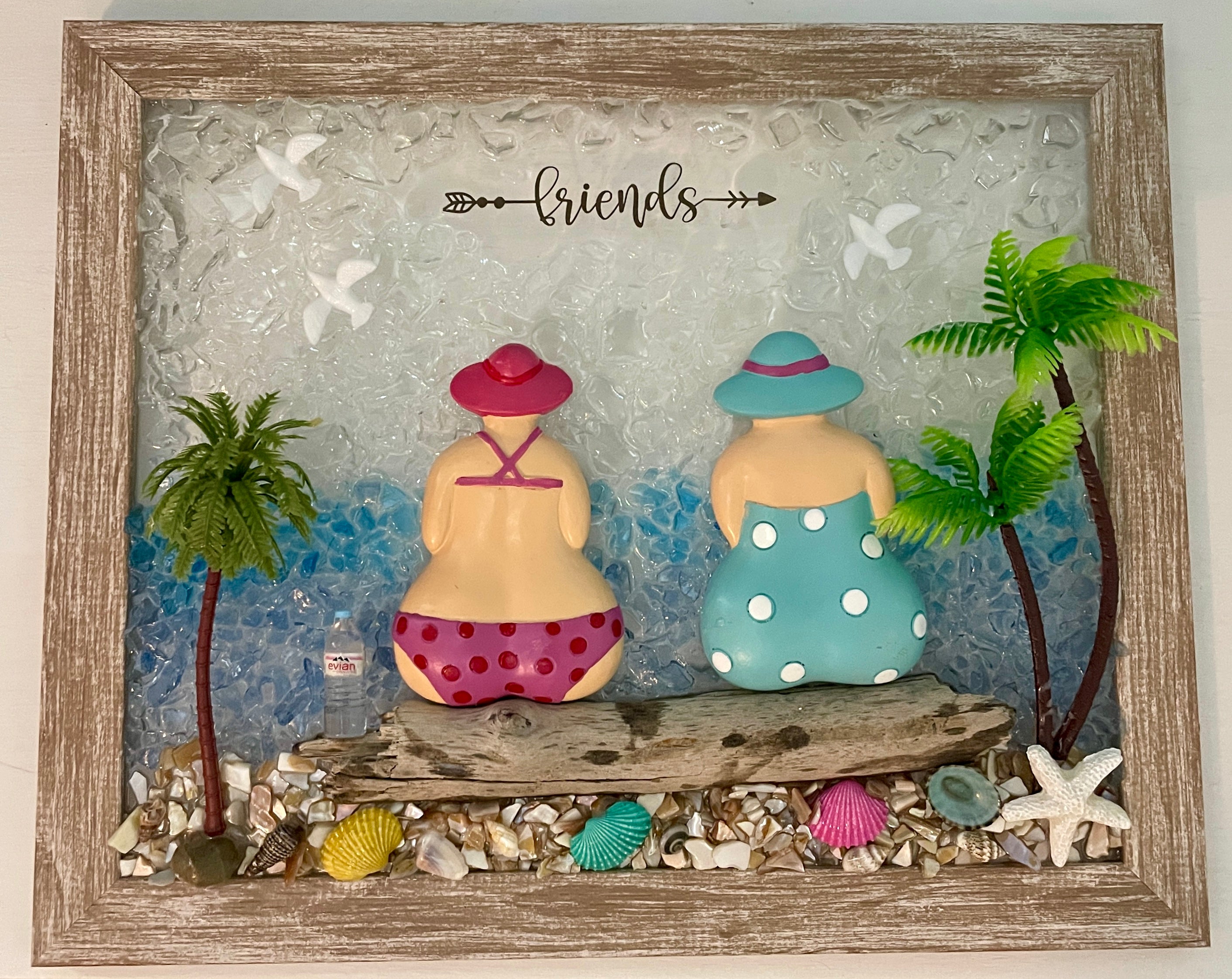 Beach Friends Crushed Glass Art - Two Friends on Driftwood Log (8" x 10")