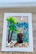 Dark Beach Babe on Driftwood Log - 5" x 7" Crushed Glass Coastal Art | Beach Vibe