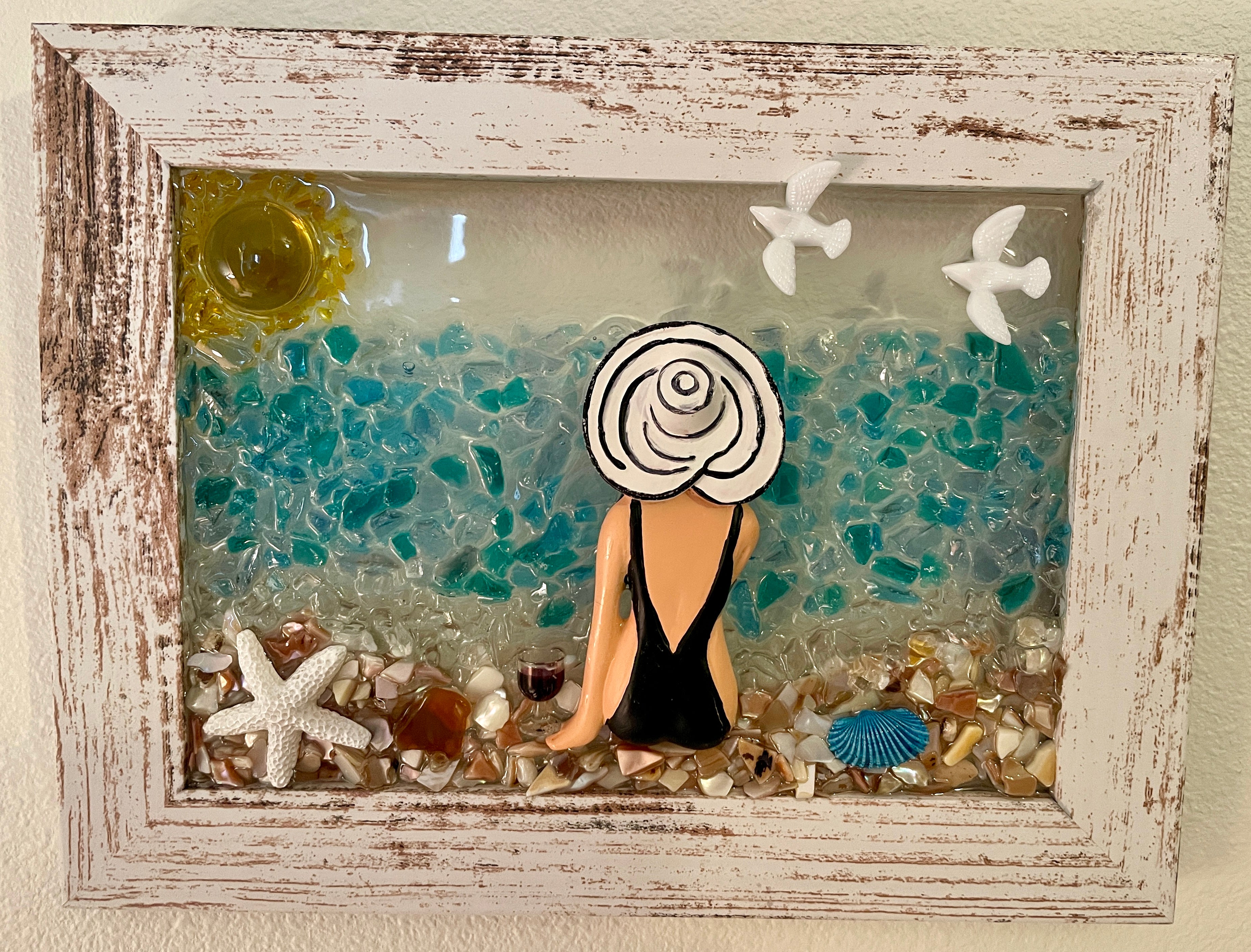 Beach Babe with a Glass of Wine - 5' x 7" Crushed Glass Coastal Art