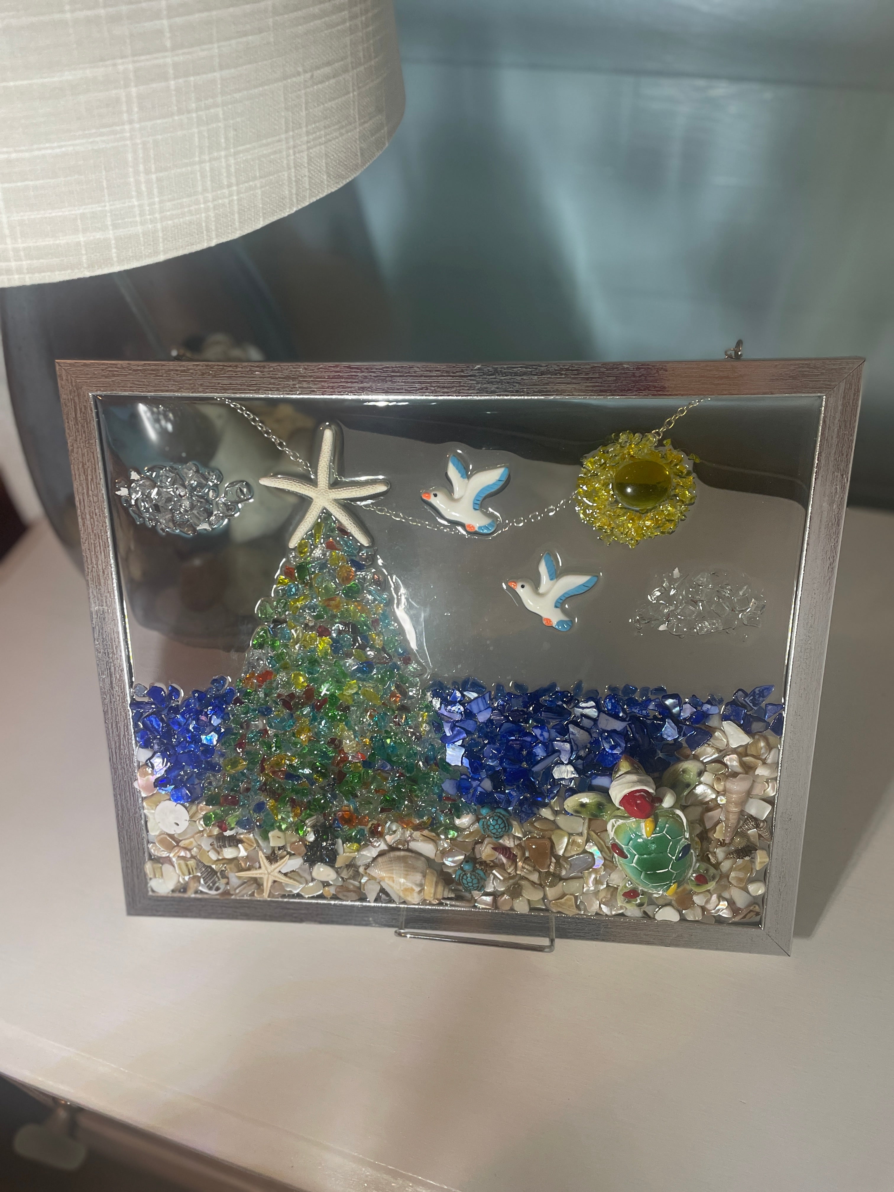 Santa Turtle Crushed Glass Art - Coastal Christmas Beach Scene (9" x 11")