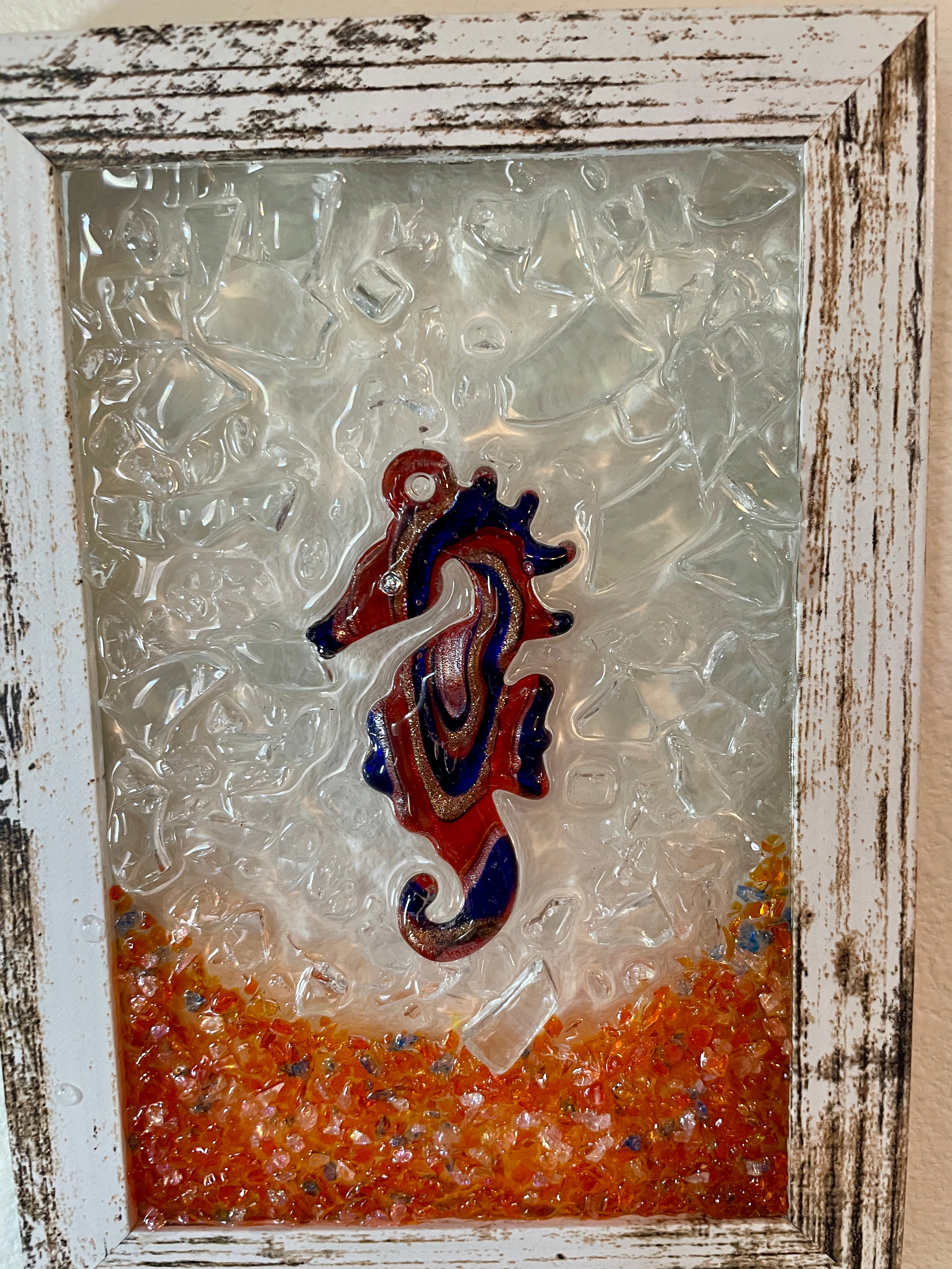Seahorse Crushed Glass Art - 5" x 7" Coastal Decor with Resin Seahorse