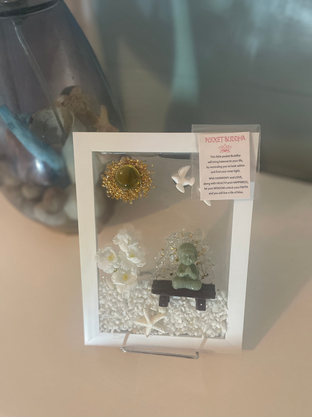 Buddha Meditation Crushed Glass Art with Inspiring Note - Starfish & Birds (5" x 7")