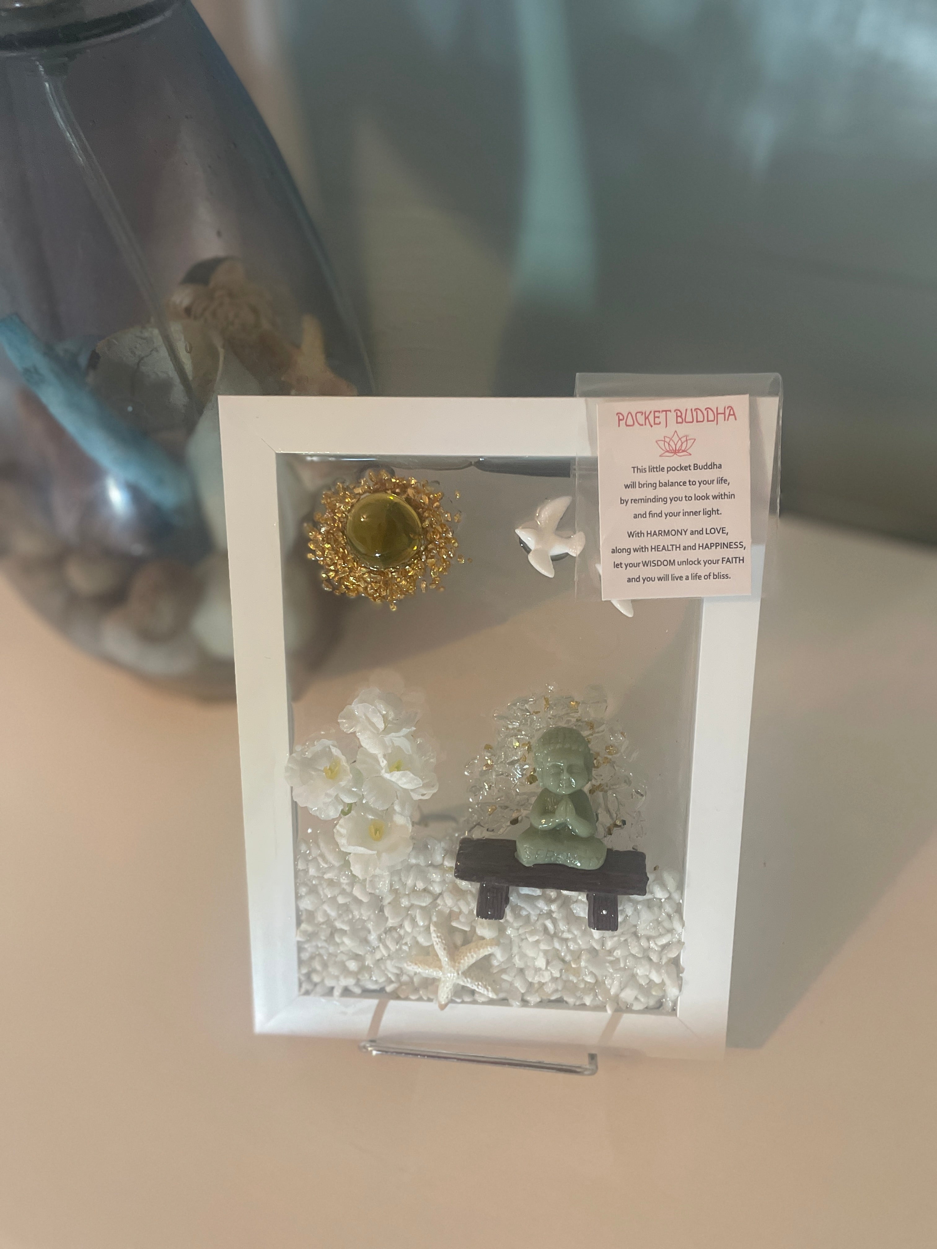 Buddha Meditation Crushed Glass Art with Inspiring Note - Starfish & Birds (5" x 7")