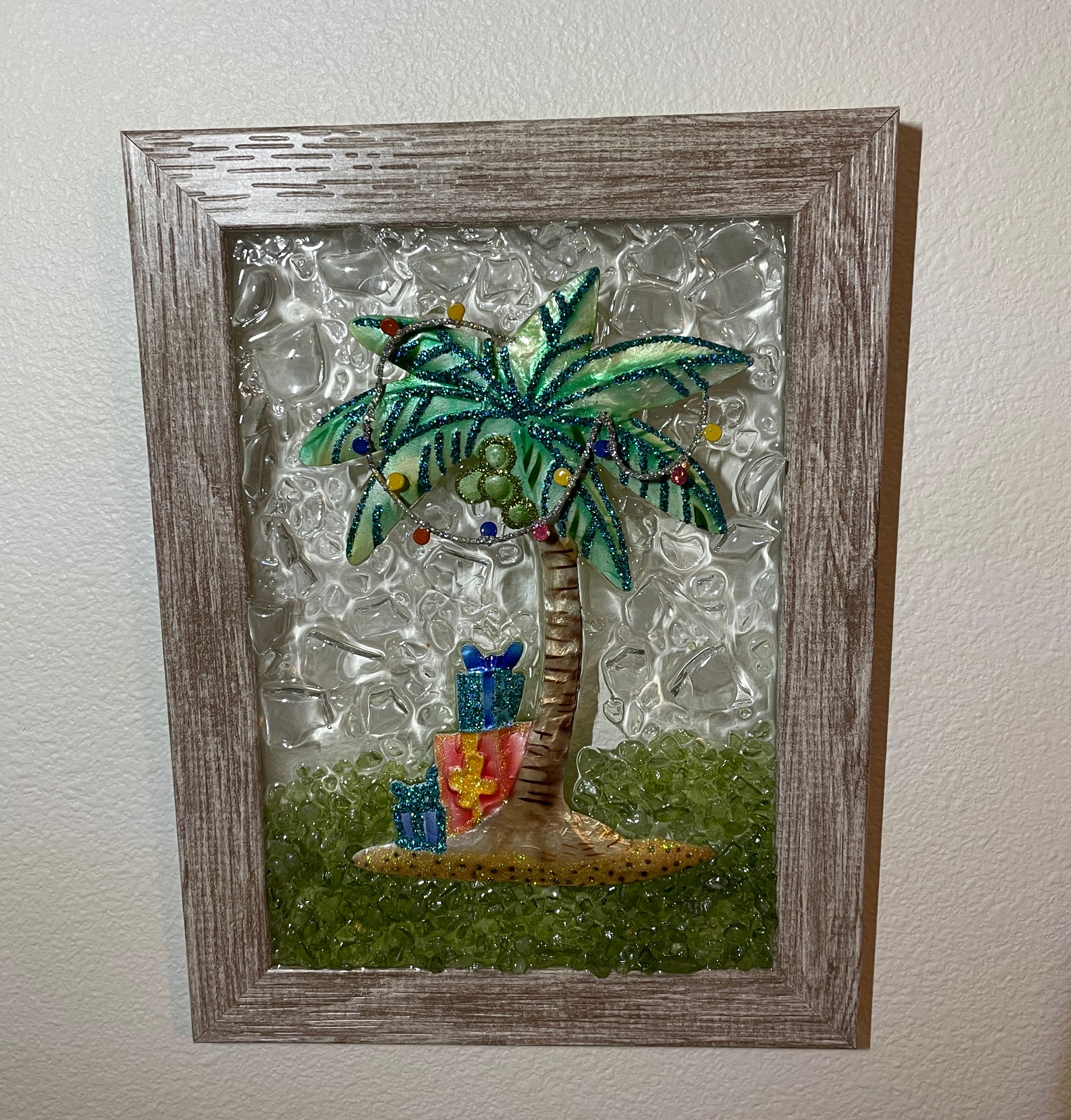 Coastal Christmas Palm Tree with Decorative Lights Crushed Glass Picture