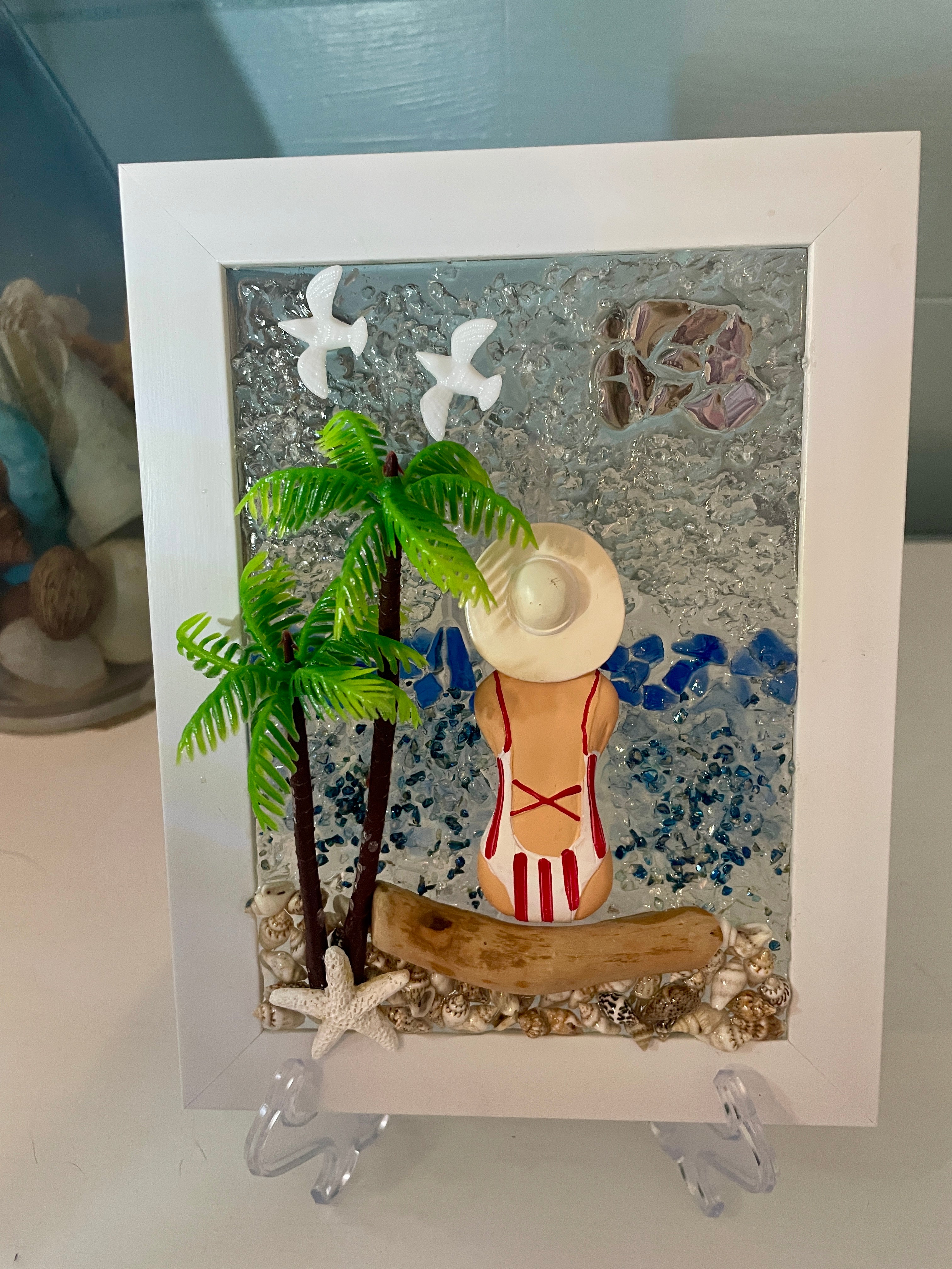 Beach Babe on Driftwood Log - 5" x 7" Crushed Glass Coastal Art
