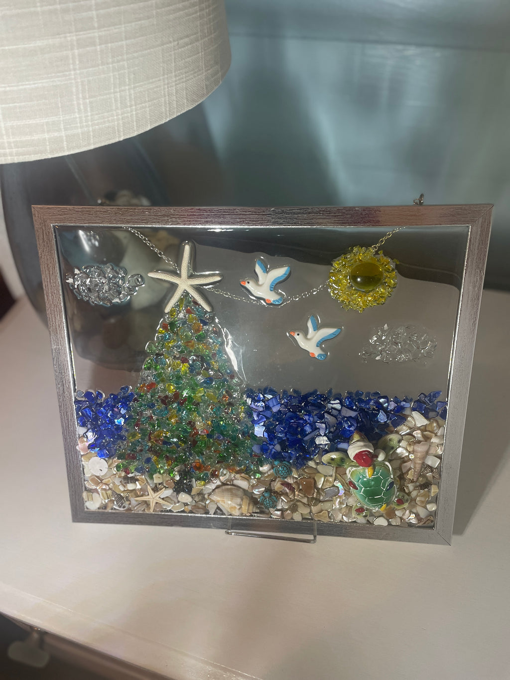 Santa Turtle Crushed Glass Art with Colorful Tree - Coastal Christmas Beach Scene (9" x 11")
