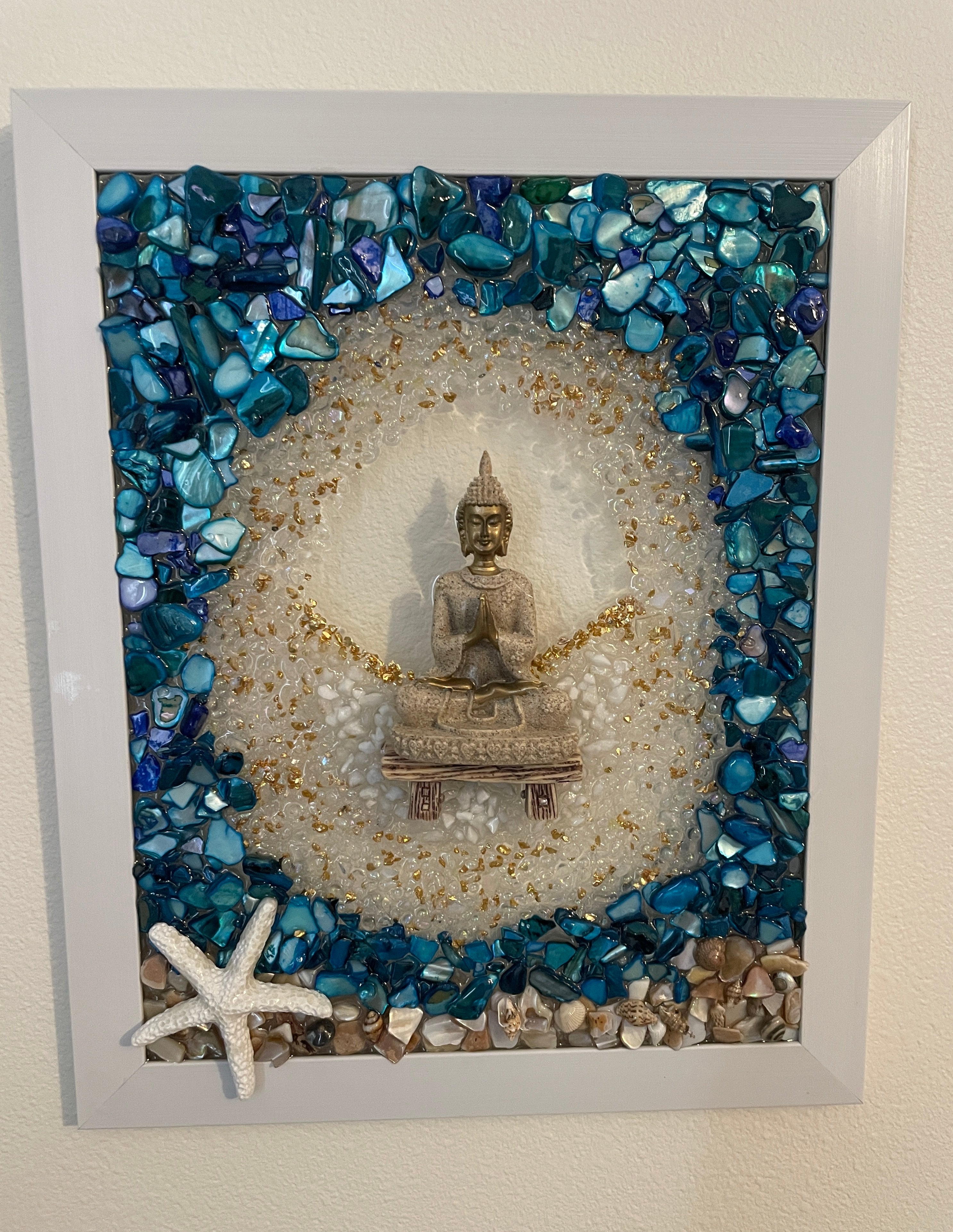 Buddha on Peaceful Beach - 8x10 Zen Coastal Crushed Glass Art