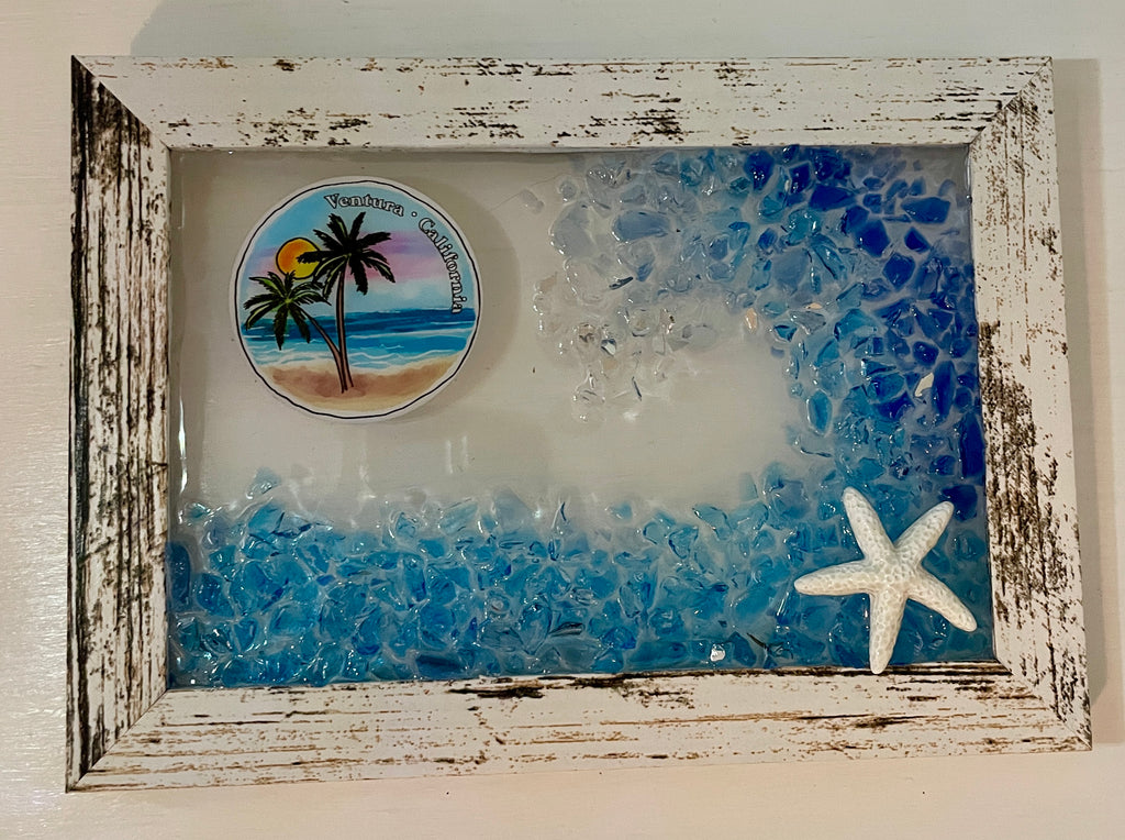 Beach Wave 4" x 6" with Starfish and Ventura, CA marker - Crushed Glass Picture