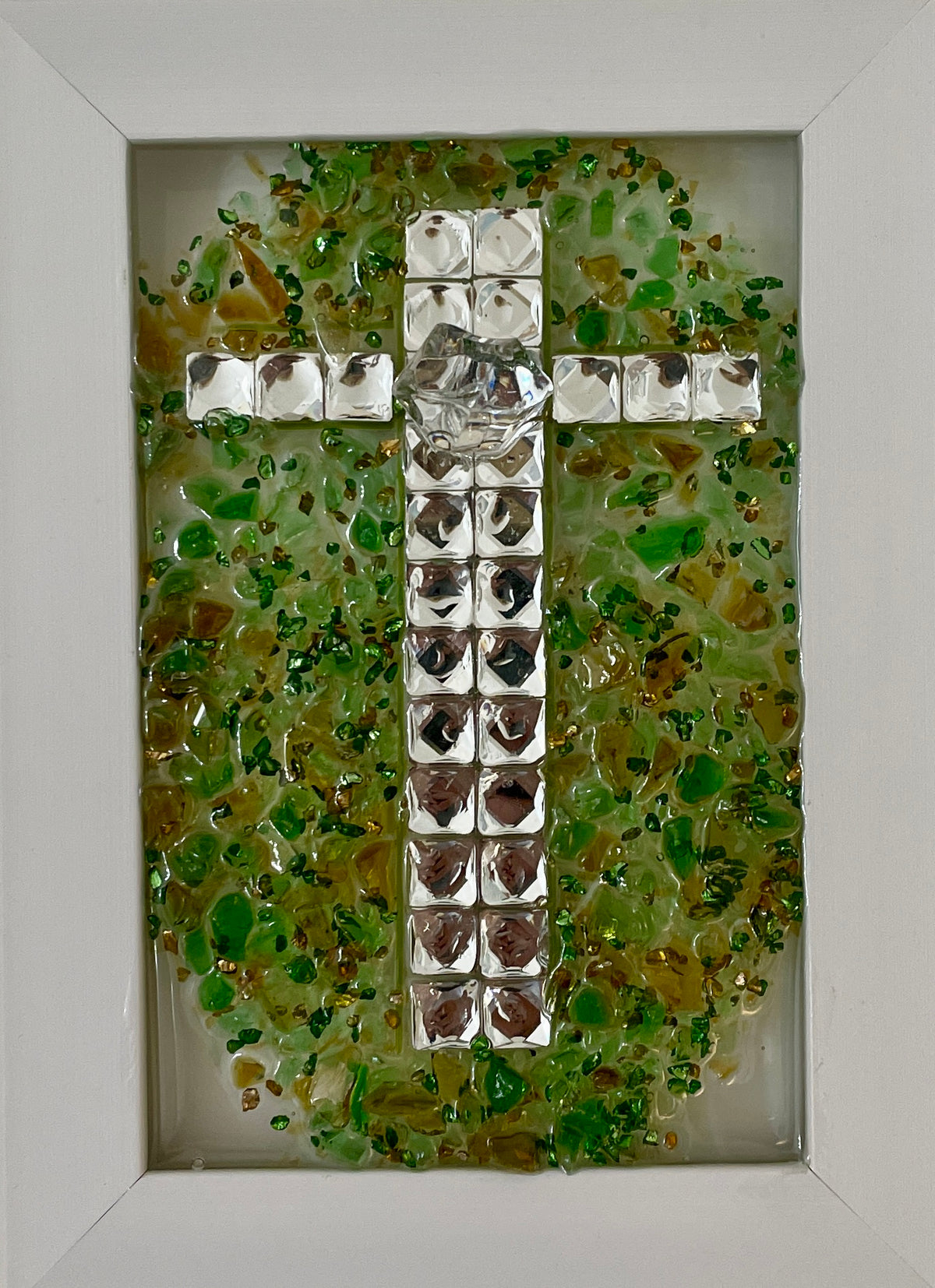 Cross with Green Crushed Glass - 4" x 6" | Beach Vibe #1028