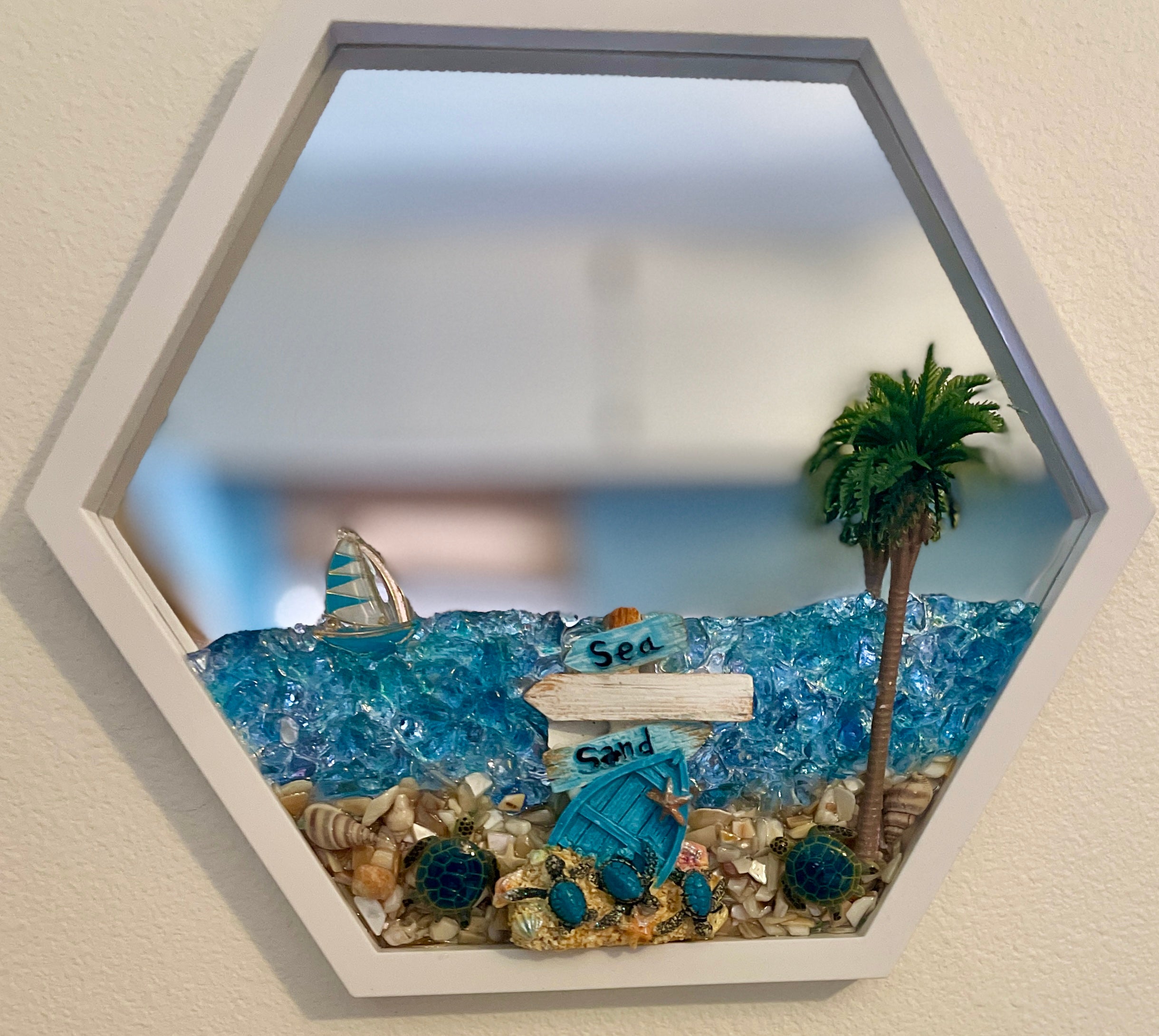 Hanging Mirror with Beach Design – 9" x 9" Octagon | Crushed Glass & Shell Coastal Decor | Beach Vibe Designs (Copy)