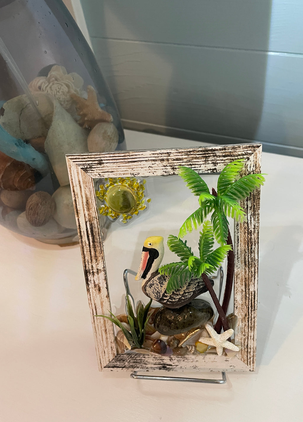 Pelican on Rock Crushed Glass Art - Palm Trees Beach Scene (6" x 4")