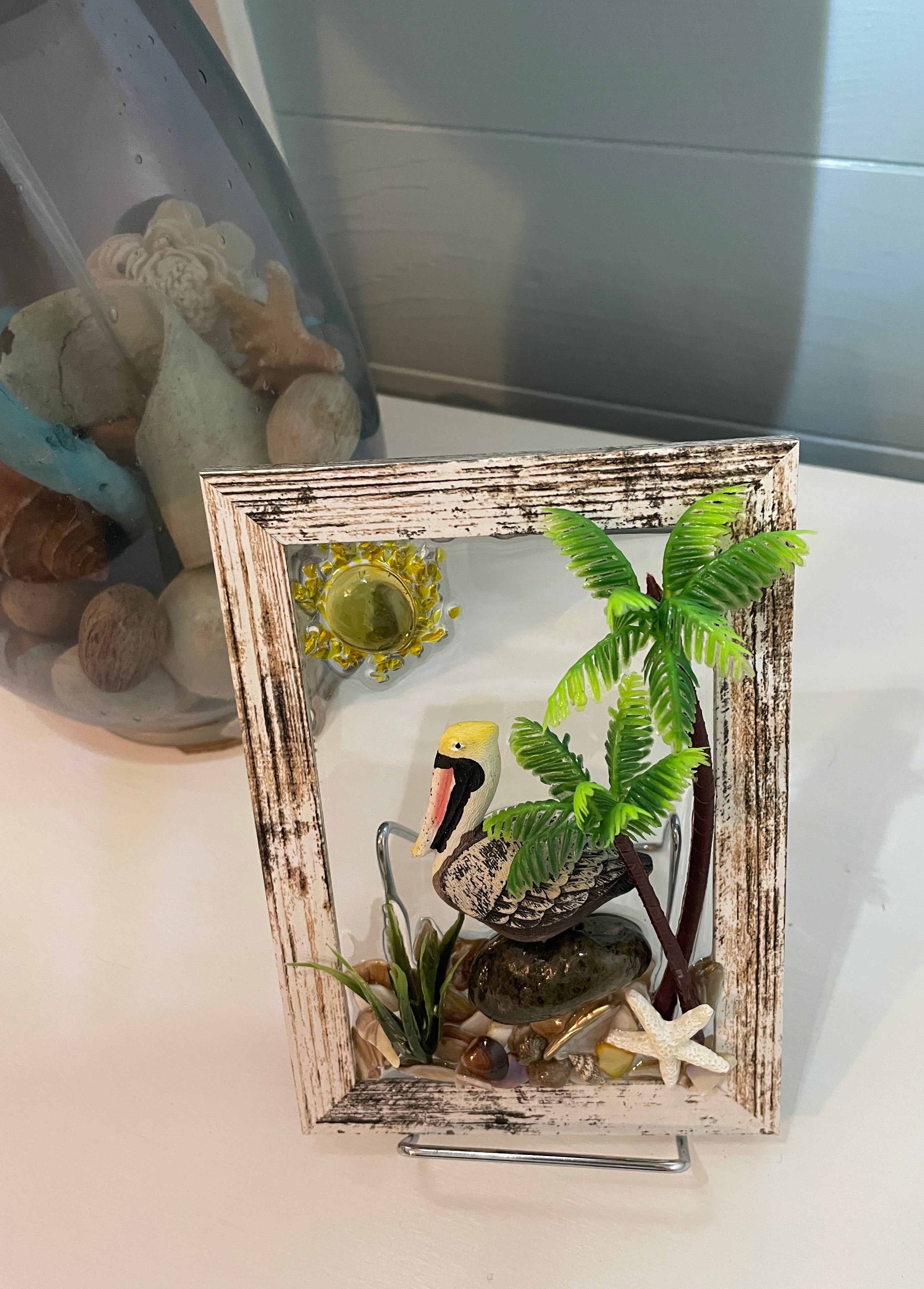 Pelican on Rock Crushed Glass Art - Palm Trees Beach Scene (6" x 4")