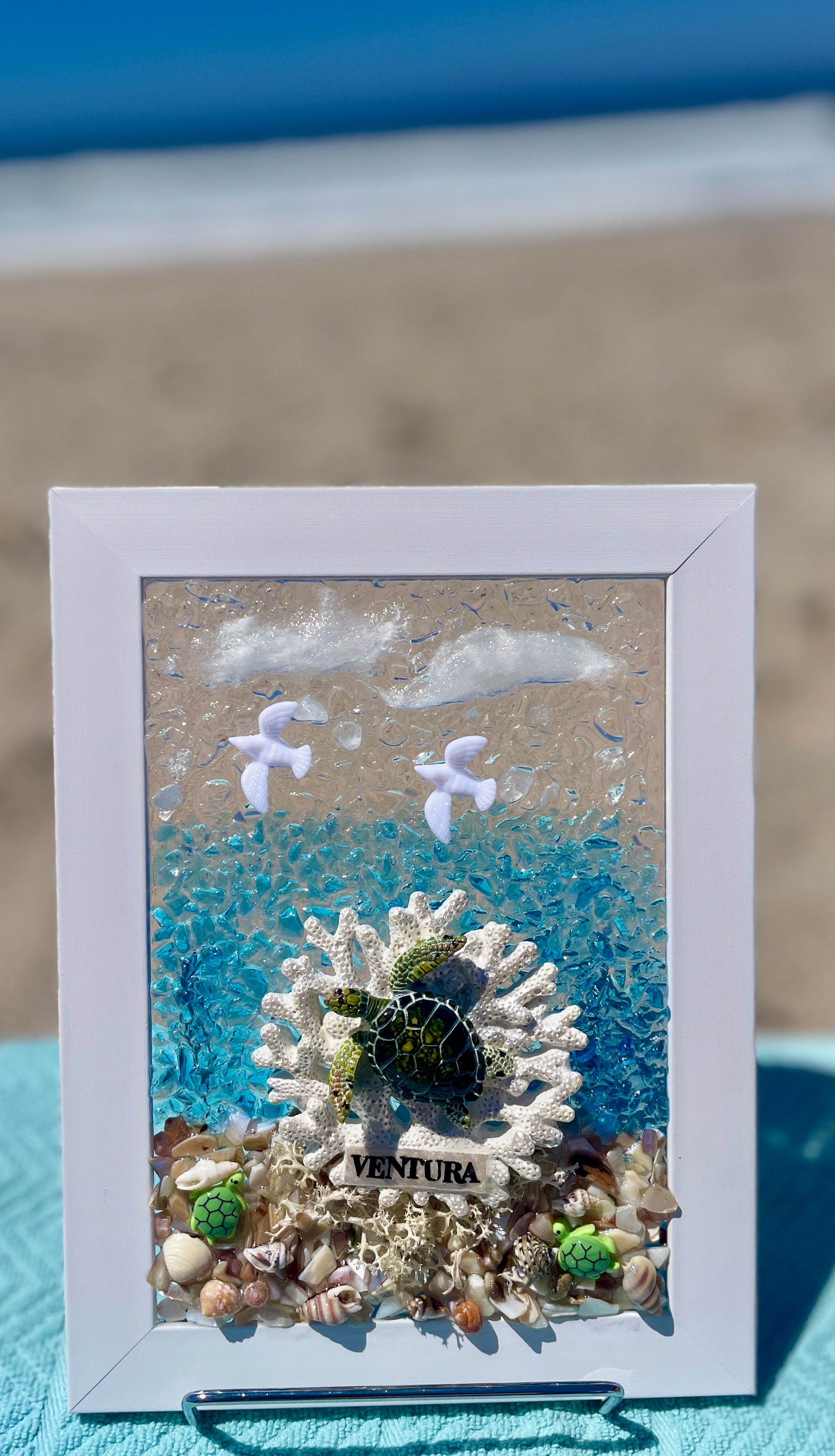 Ventura Beach Sign on Resin Sea Coral with Clouds and Seagulls - 5" x 7" | Beach Vibe