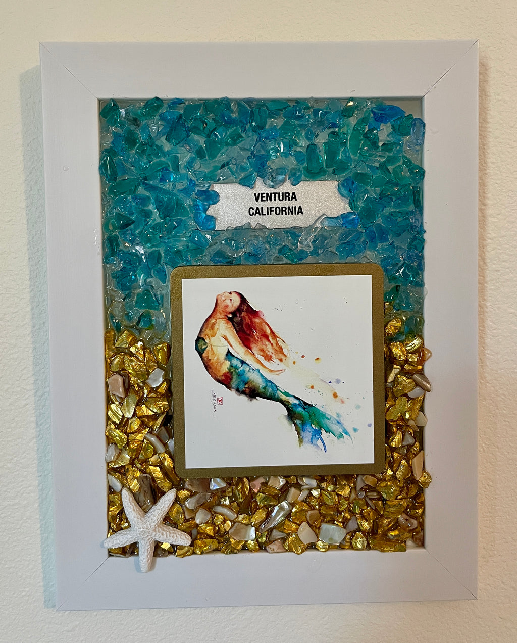 5" x 7" Ceramic Mermaid Coastal Art w/Ventura Sign and Glittering Crushed Glass