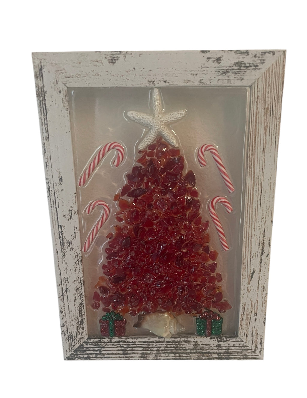 Coastal Christmas Tree Crushed Glass Art - Seashell Trunk & Candy Canes (4" x 6")