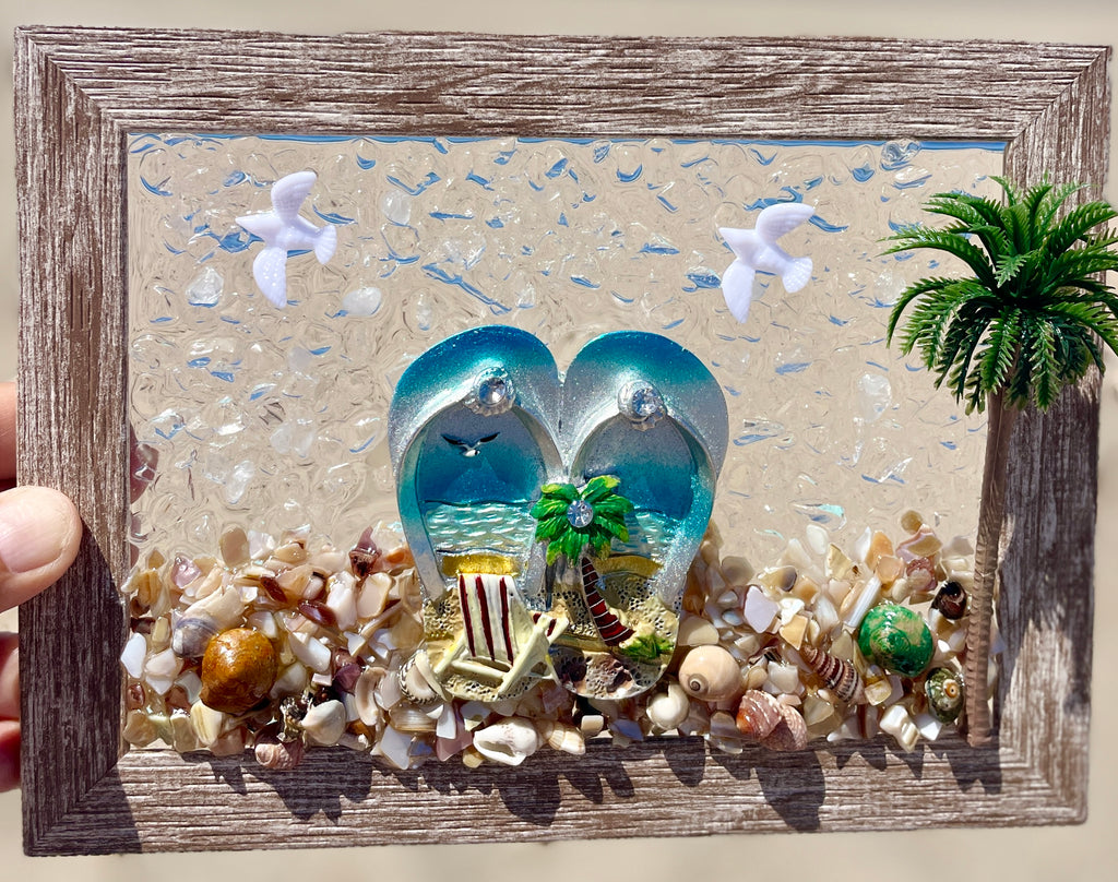 Beach Sandals with Palm Tree and Seagulls - 5" x 7" | Beach Vibe