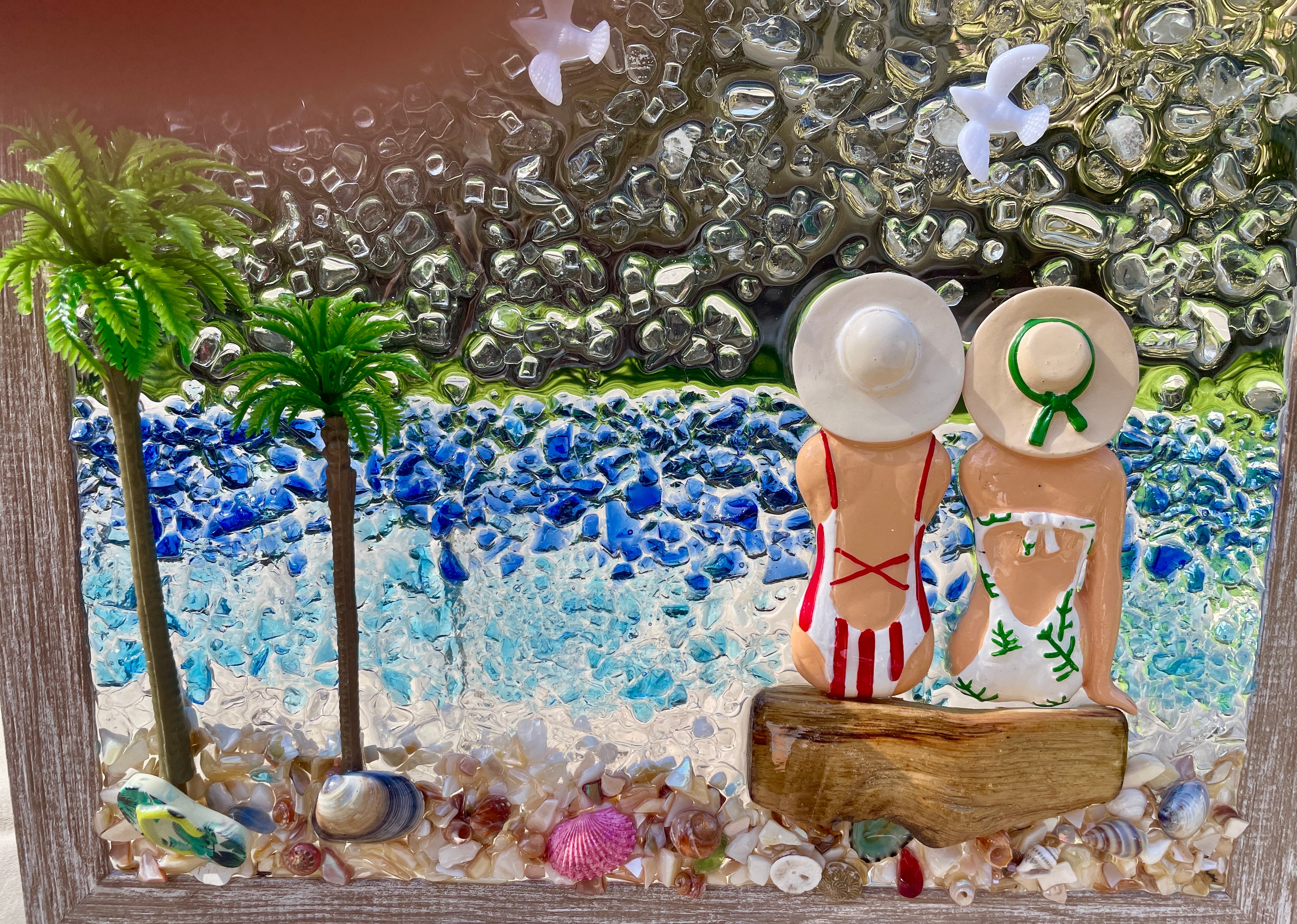 Two Beach Babes on Driftwood Log with Palm Trees- 8" x 10" | Beach Vibe