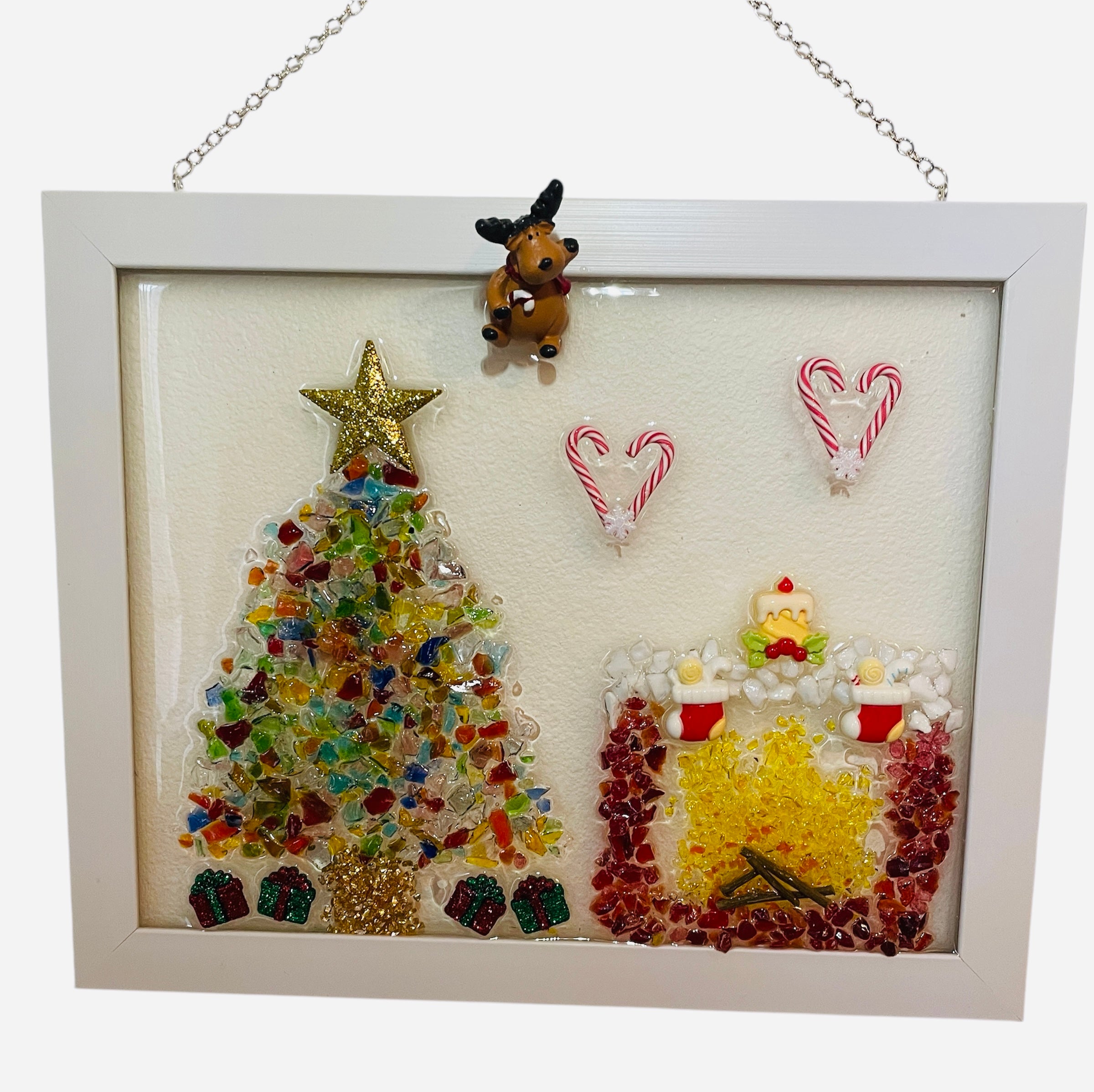 Christmas Scene Crushed Glass Art - Colorful Tree & Cozy Fireplace (8x10)