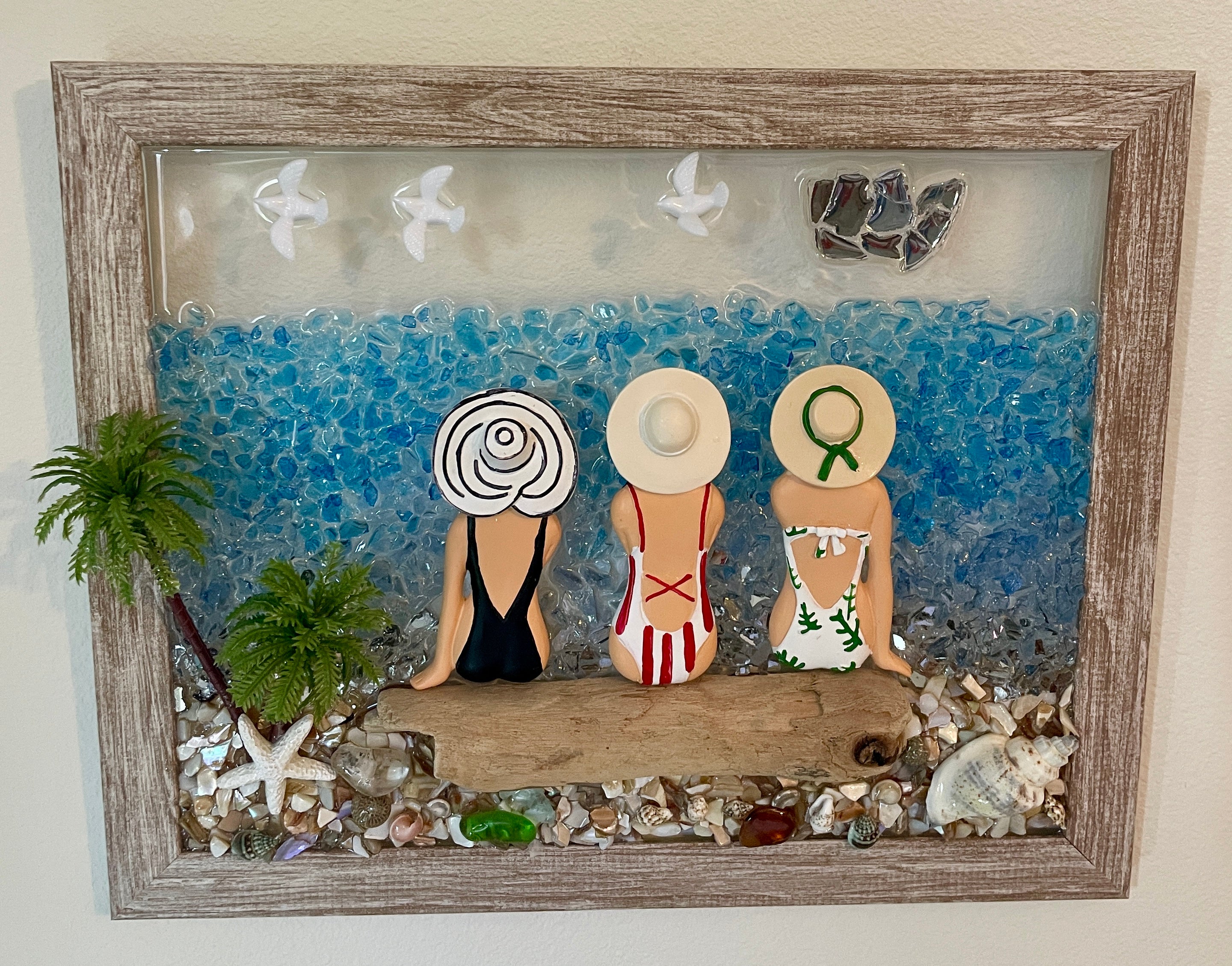 Three (3) Ladies on Beach Log - 8" x 10" Crushed Glass Picture