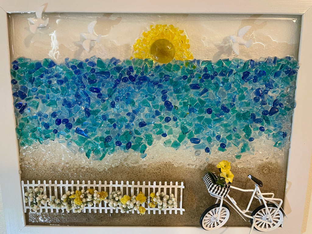 8" x 10" Whimsical Beach Scene - Seagulls & Bicycle