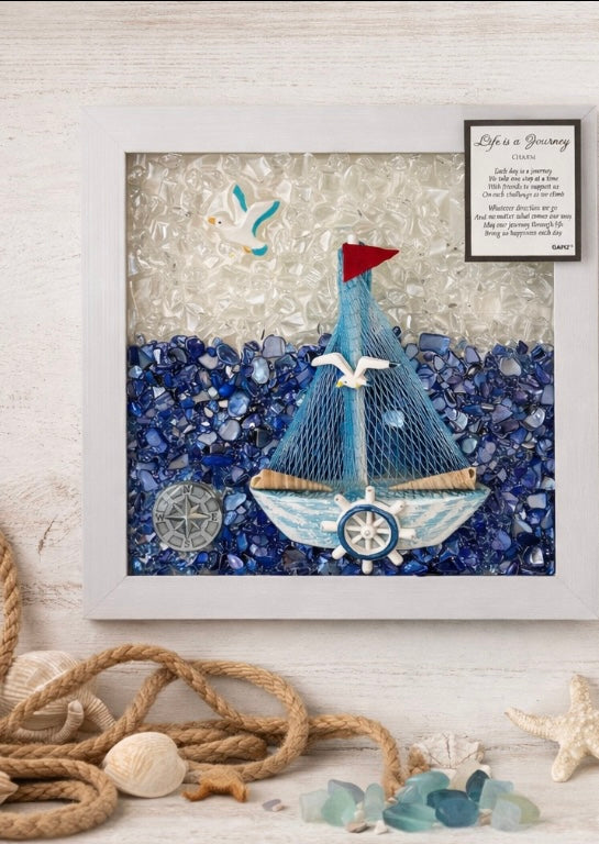 "Life is a Journey" Sailboat - 8" x 10" Inspirational Coastal Crushed Glass/Shells Art