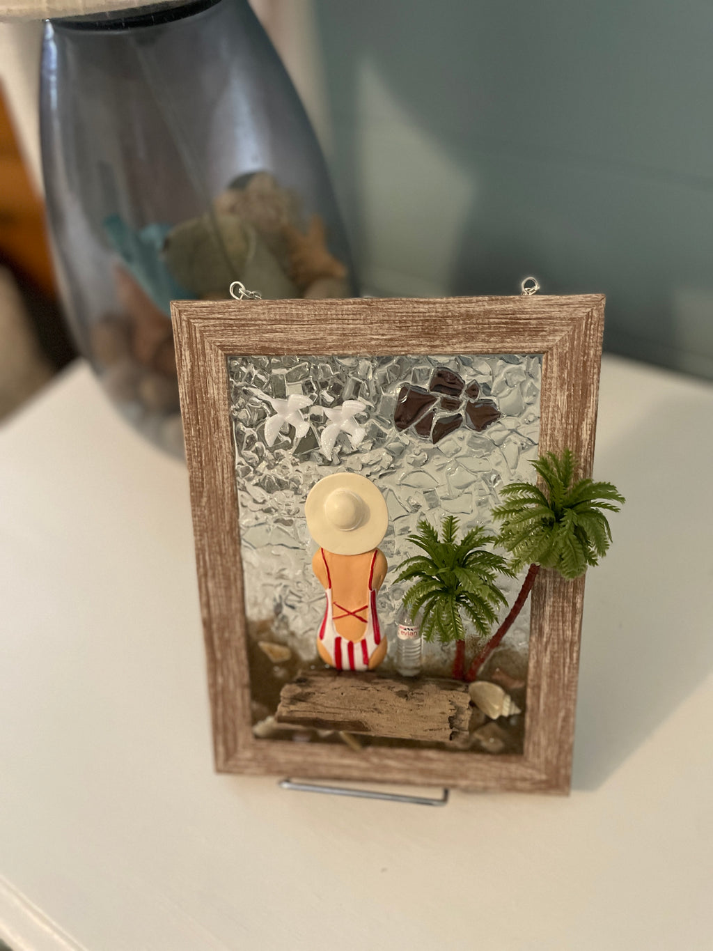 Beach Babe on Driftwood Log - 5x7 Crushed Glass Coastal Art
