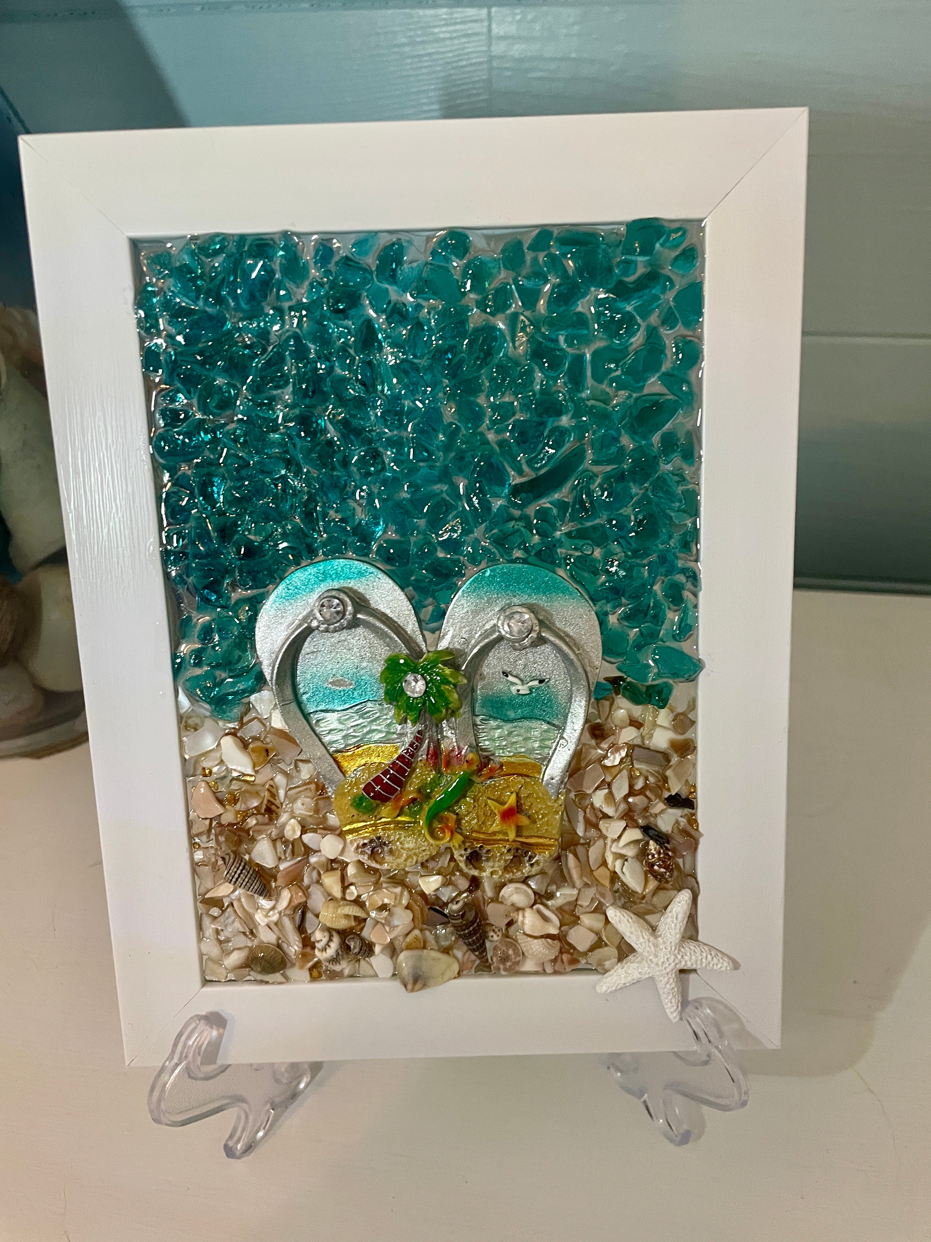 Beach Sandals on Sand - 5" x 7" Crushed Glass Coastal Art