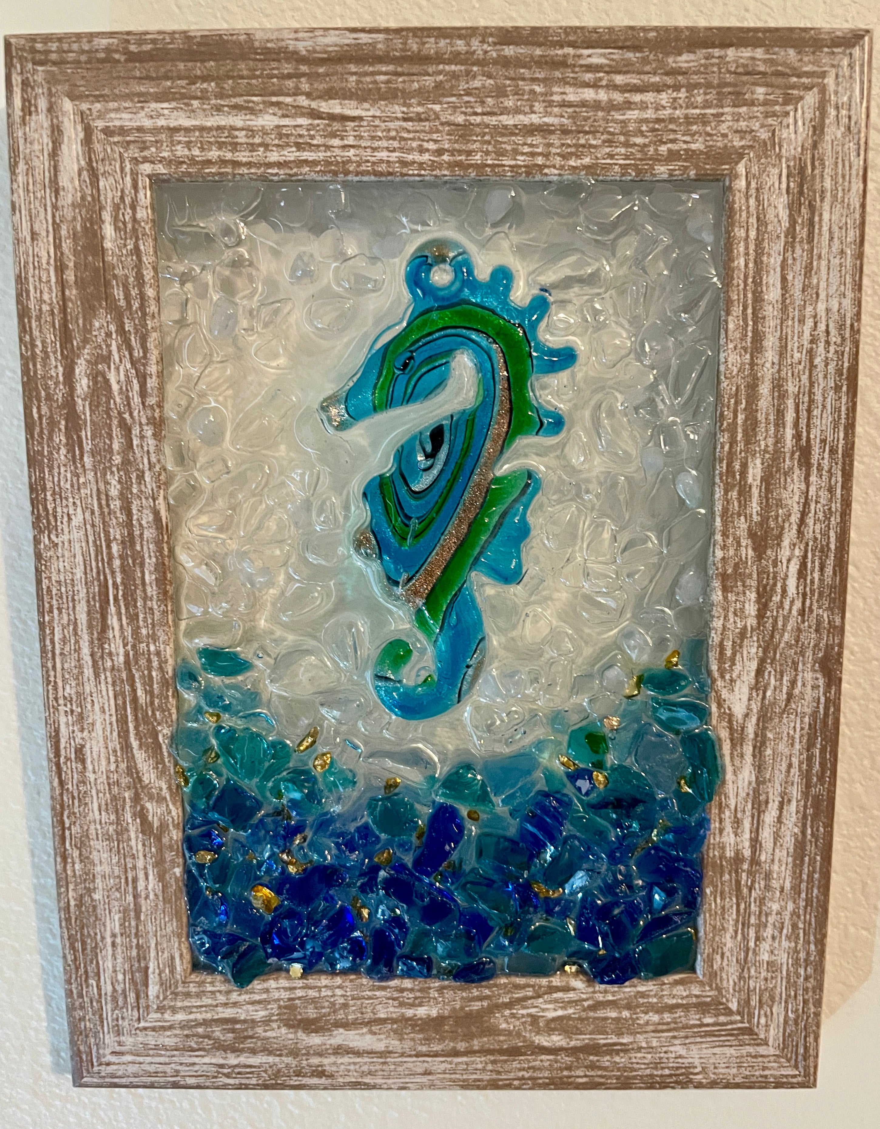 Seahorse Crushed Glass Art - 4" x 6" Coastal Decor with Resin Seahorse