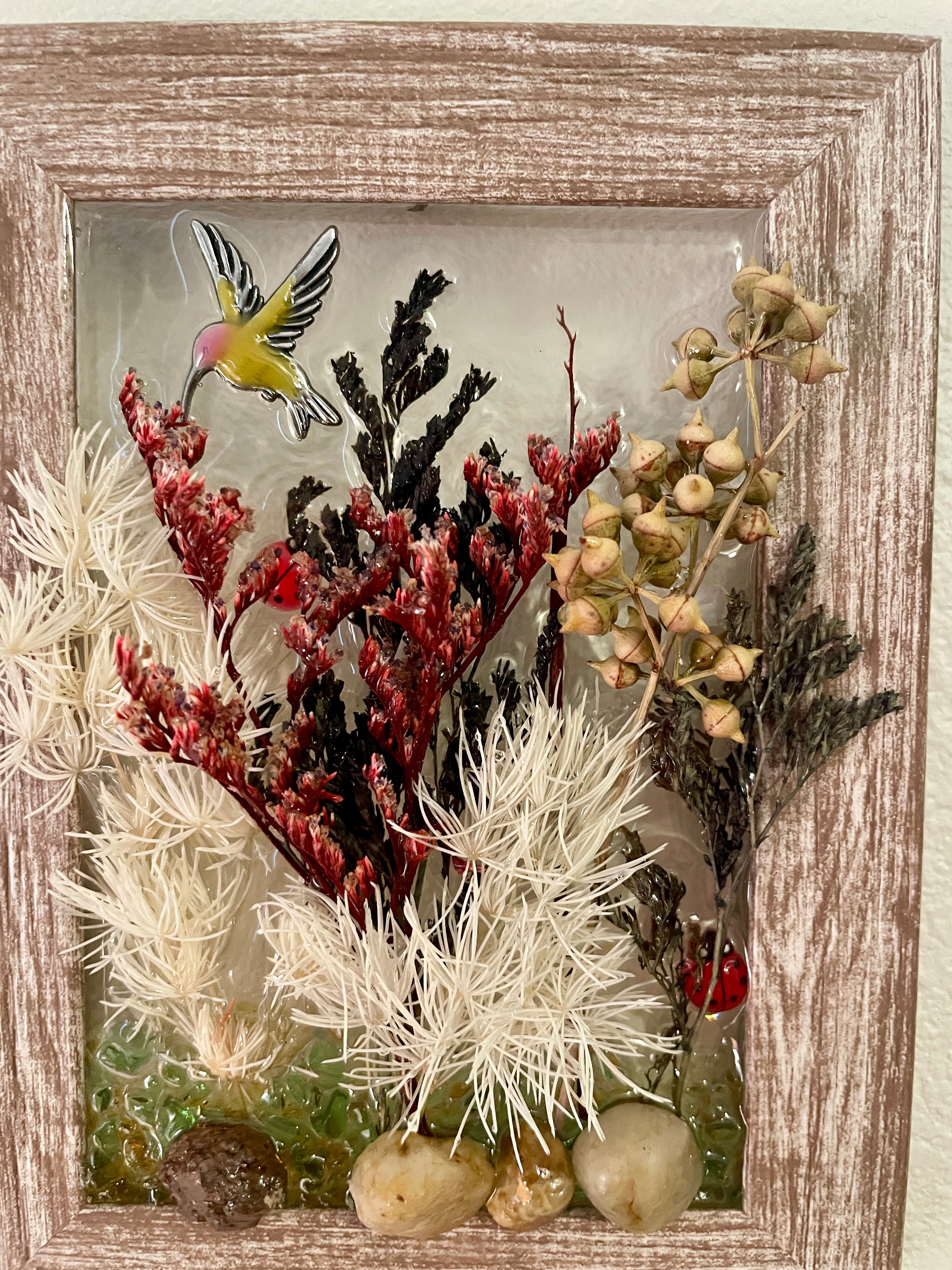 Bed of Flowers with Hummingbird and Lady Bug - 3" x 5" Crushed Glass Coastal Art