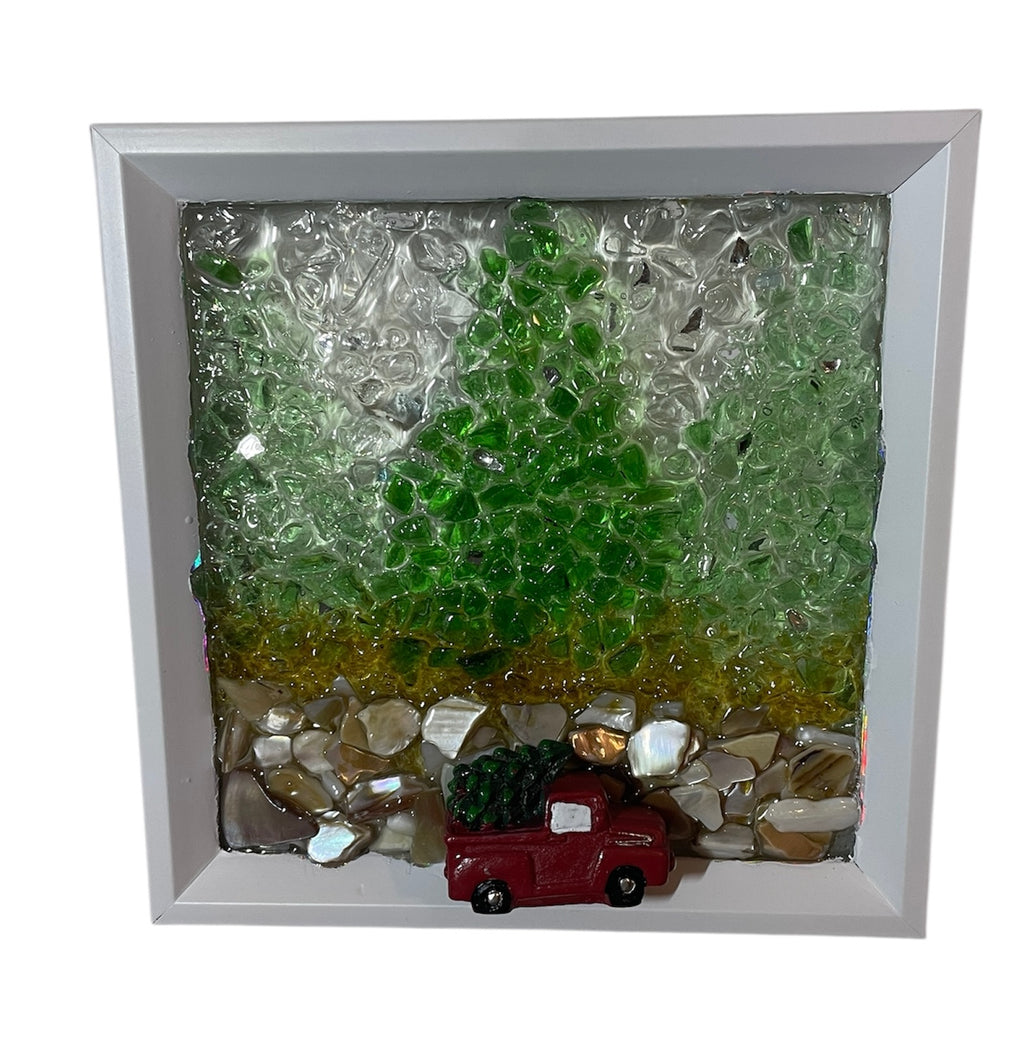 Red Truck with Tree - 6x6 Handcrafted Holiday Art Driving Through Forest