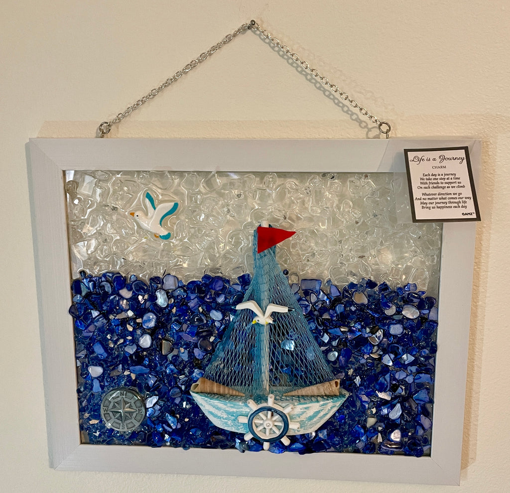 "Life is a Journey" Sailboat - 8" x 10" Inspirational Coastal Crushed Glass/Shells Art