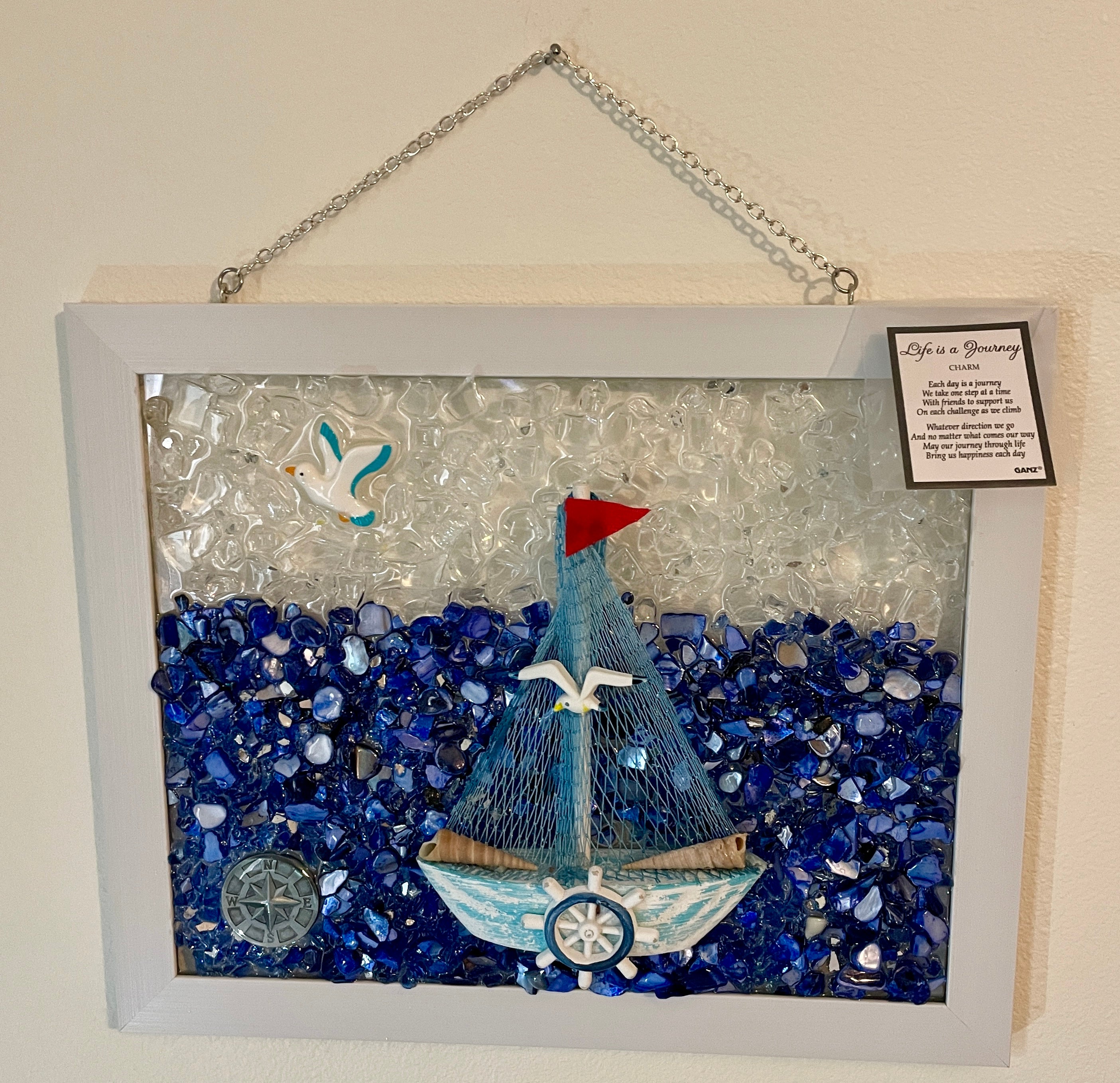 "Life is a Journey" Sailboat - 8" x 10" Inspirational Coastal Crushed Glass/Shells Art