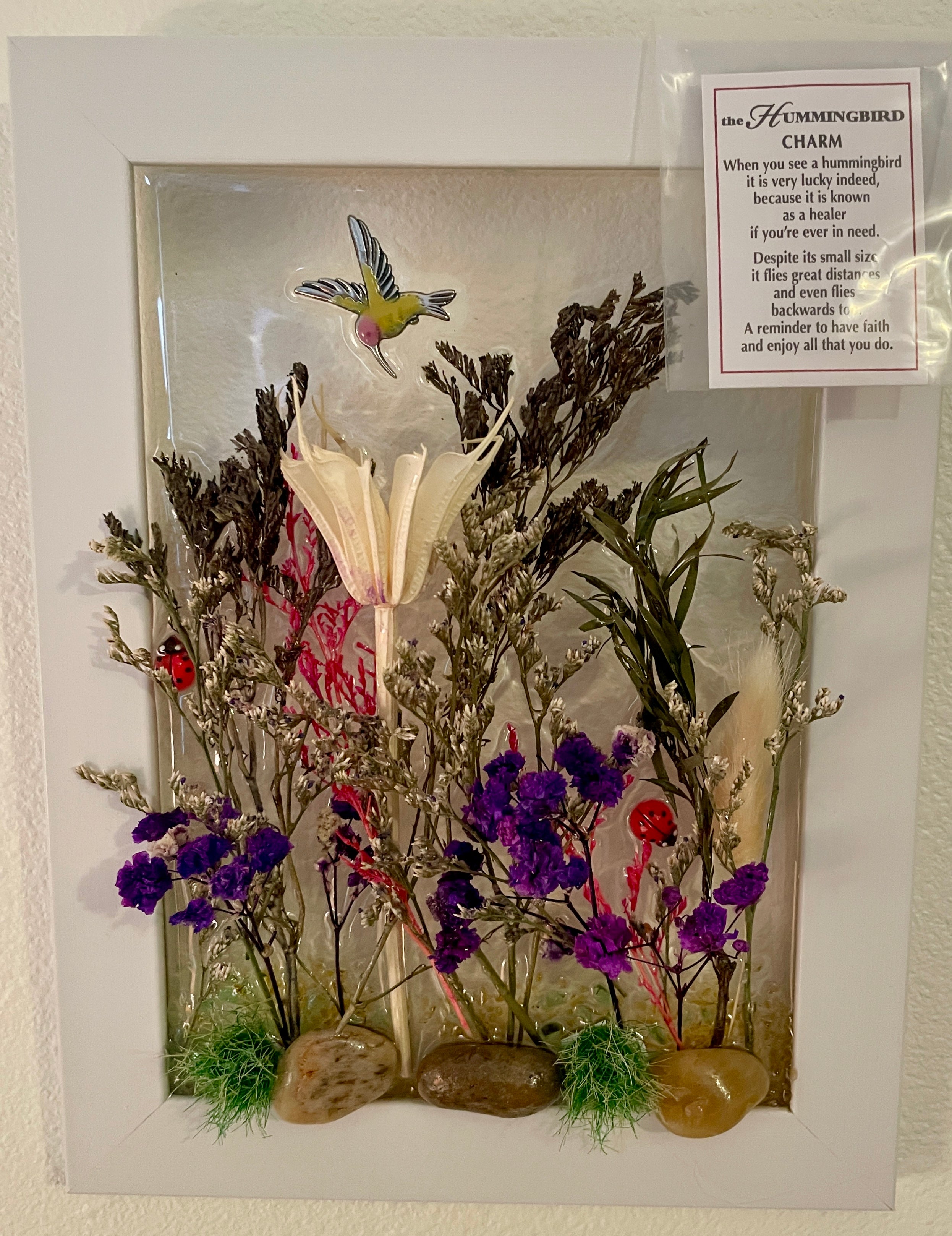 Bed of Flowers with Hummingbird - 5" x 7" Crushed Glass Coastal Art