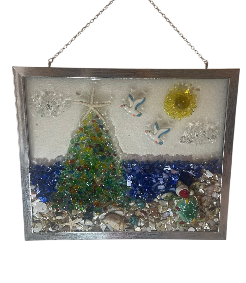 Santa Turtle Crushed Glass Art with Colorful Tree - Coastal Christmas Beach Scene (9" x 11")