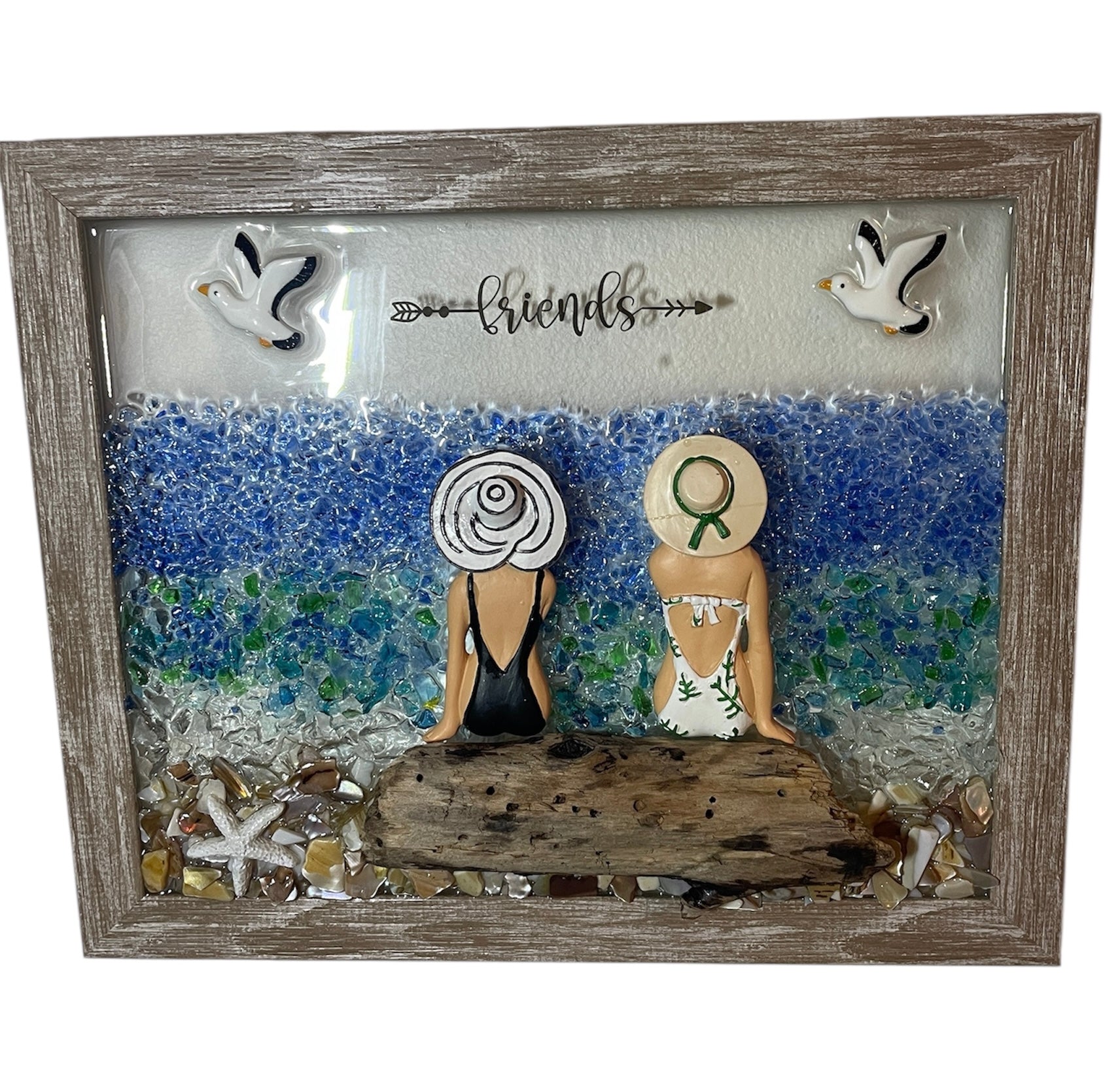 Beach Friends Crushed Glass Art - Two Friends on Driftwood Log (8" x 10")