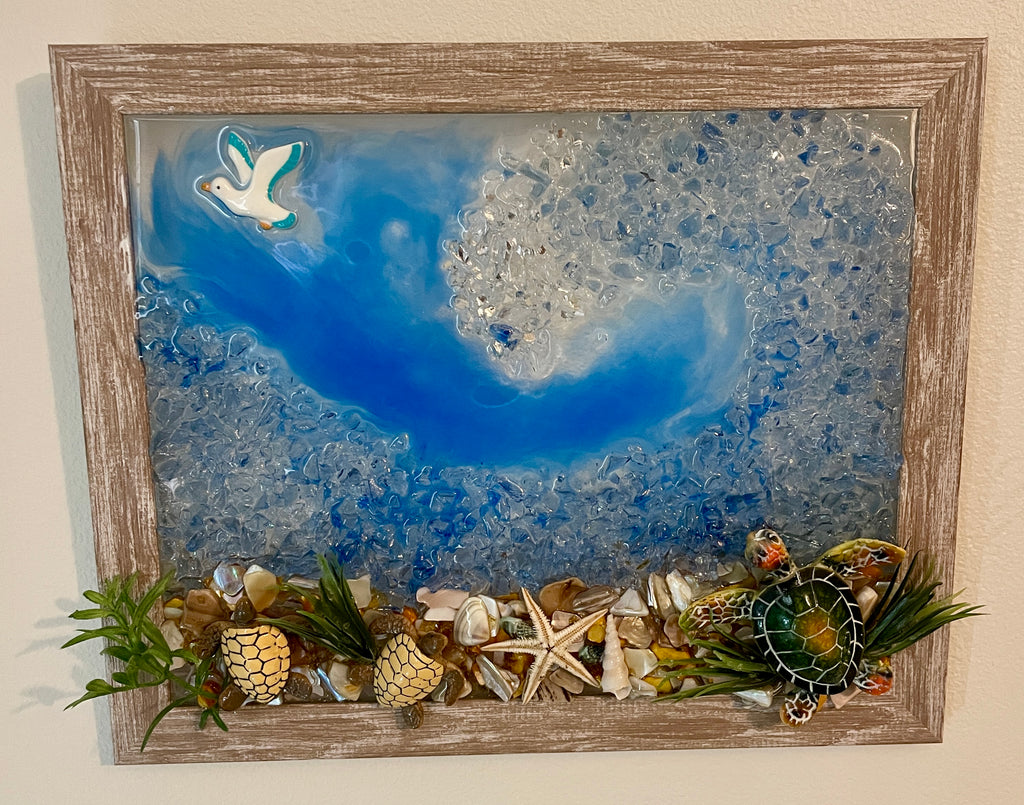 8" x 10" - Beach wave with turtles, starfish and a seagull flying by - Crushed Glass