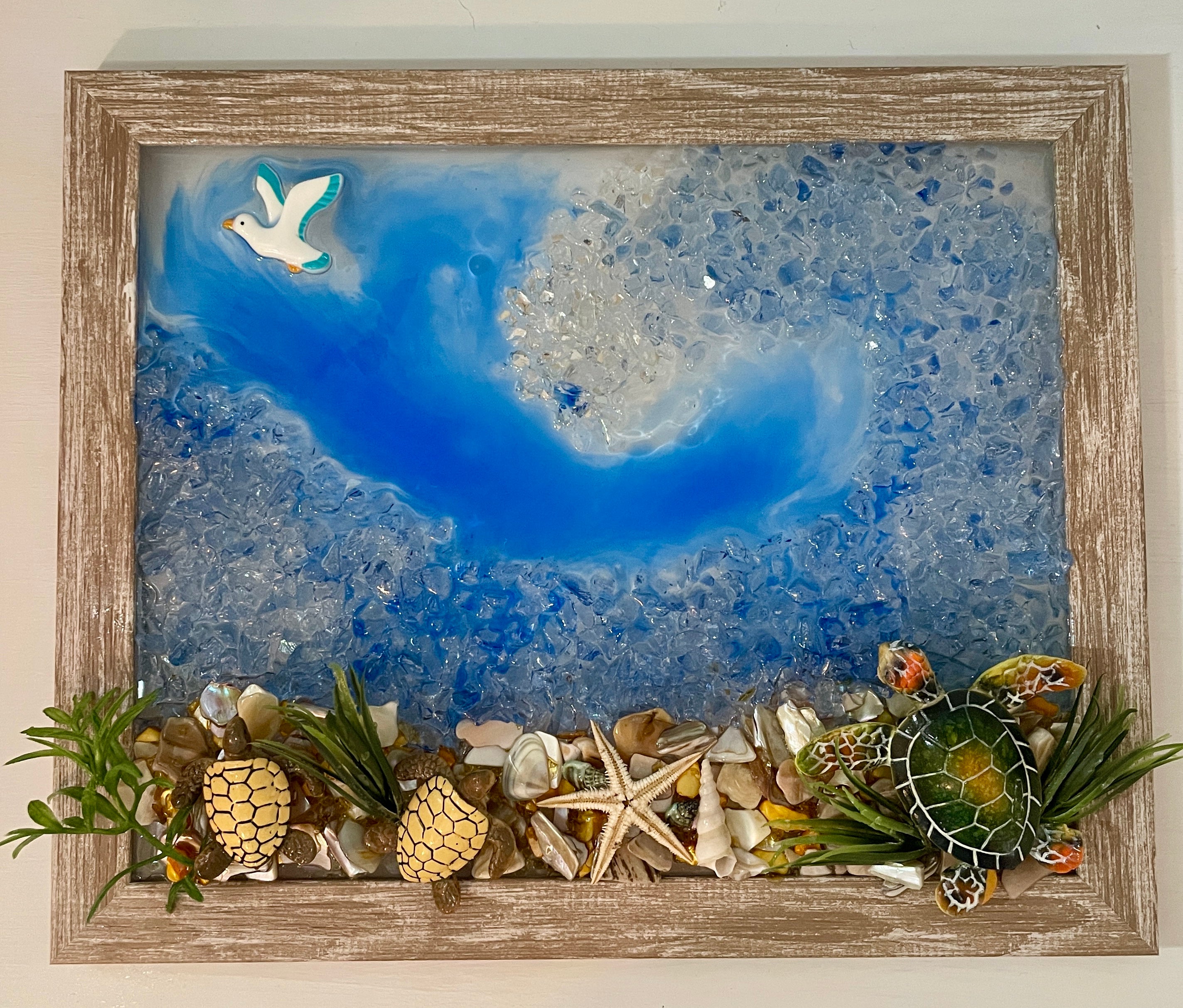 8" x 10" - Beach wave with turtles, starfish and a seagull flying by - Crushed Glass