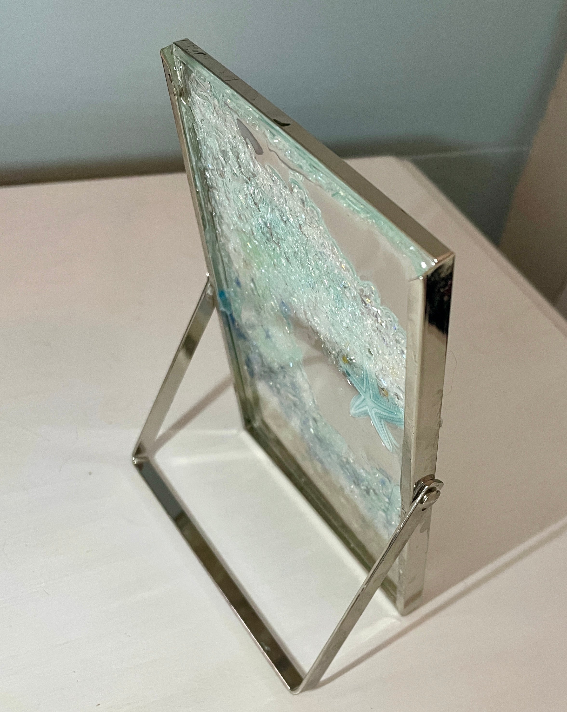 Self-Standing Ocean Picture with Crushed Glass Wave and Sea Shells - 4" x 6"