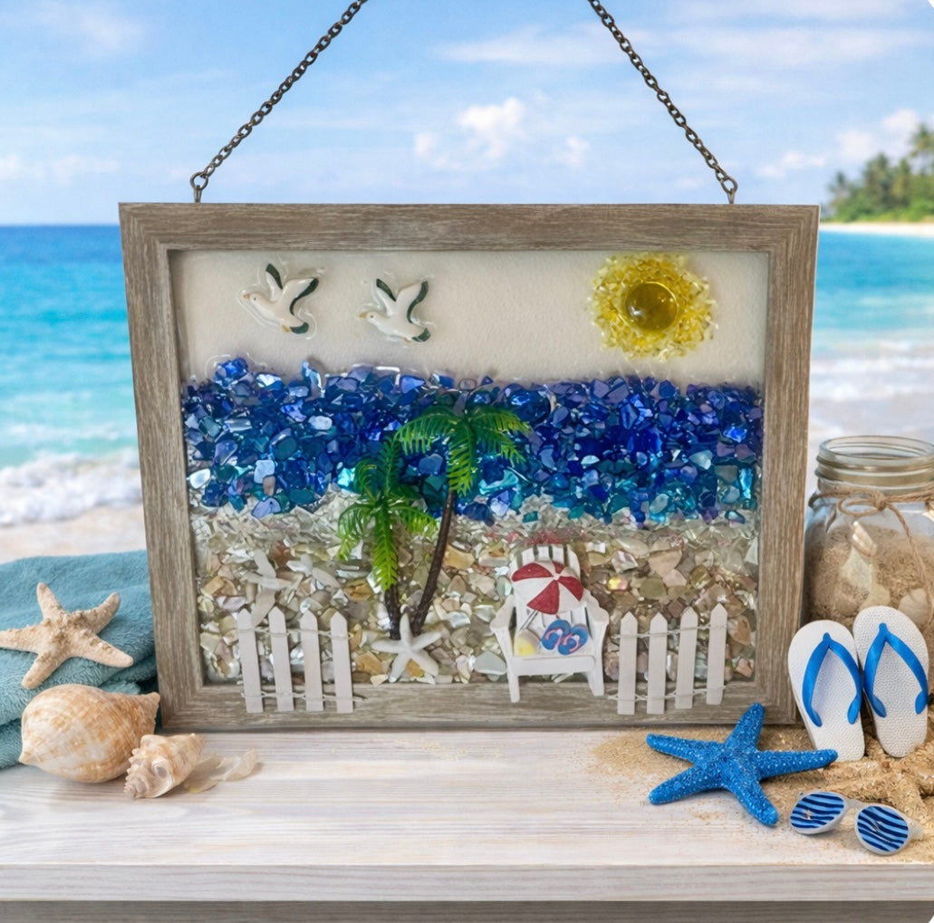 Beach Chair Ocean Scene with Crushed Glass - 8" x 10"