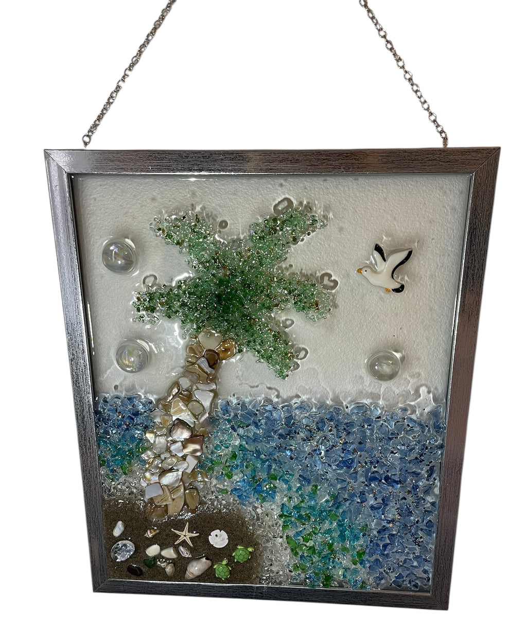 Palm Tree by the Beach - 12x10 Framed Crushed Glass Coastal Art with Real Sand & Sea Glass