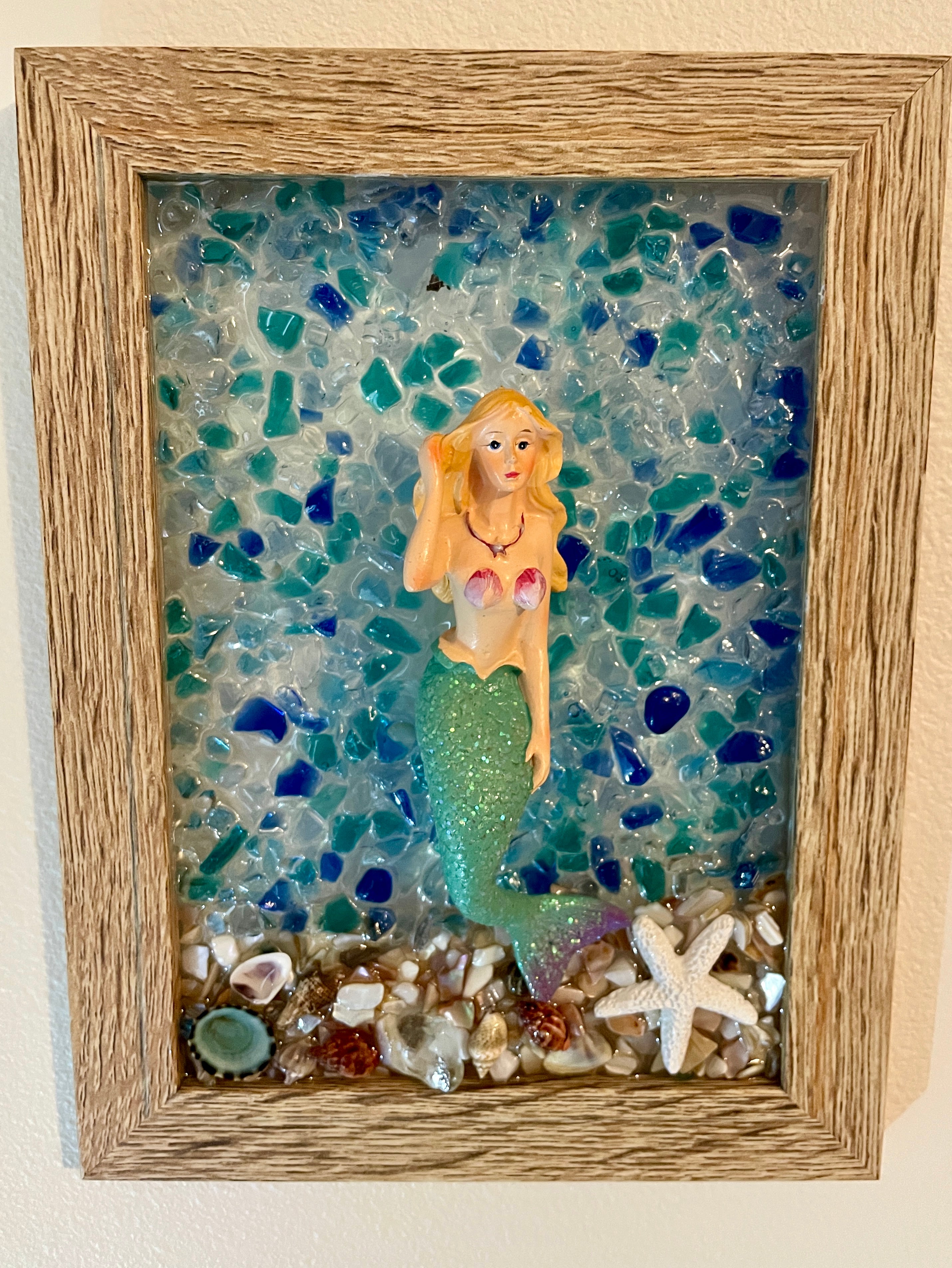 Ceramic Mermaid Coastal Art w/Shells and Glittering Crushed Glass - 5" x 7"