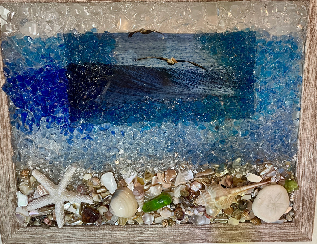 Beach scene with real sea glass, resin starfish and a seagull flying by - 8" x 10"