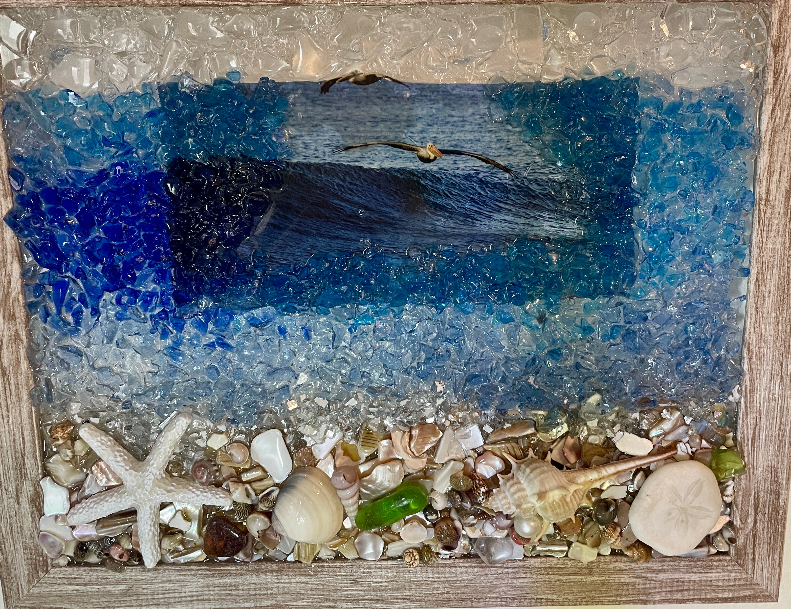8" x 10" - Beach scene with real sea glass, resin starfish and a seagull flying by - Crushed Glass